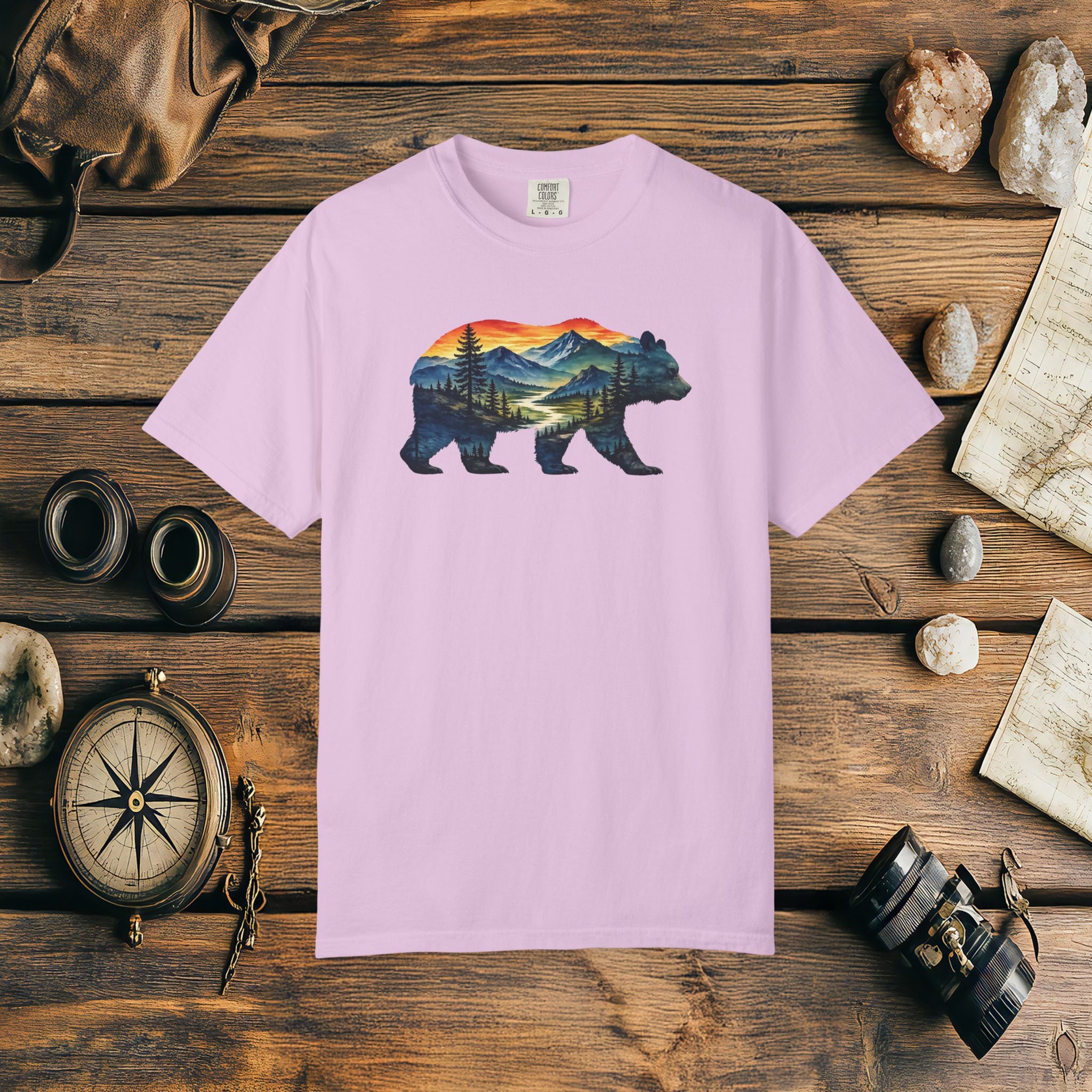 Mountain Bear Sunset Comfort Colors® 1717 Premium T-Shirt, Nature Bear Graphic Tee, Wildlife Landscape Shirt, Rustic Outdoor Adventure Shirt, Forest Bear Tee