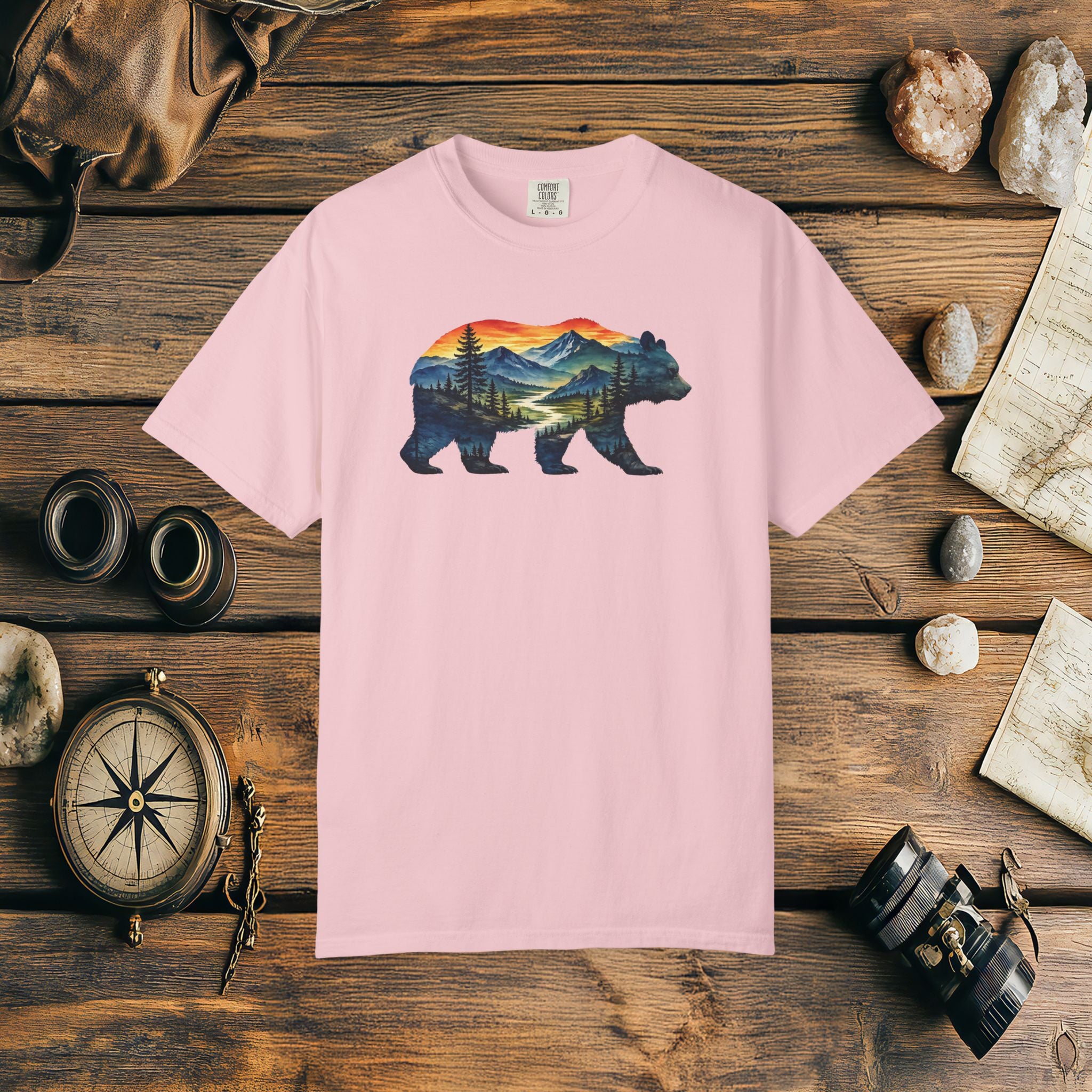 Mountain Bear Sunset Comfort Colors® 1717 Premium T-Shirt, Nature Bear Graphic Tee, Wildlife Landscape Shirt, Rustic Outdoor Adventure Shirt, Forest Bear Tee