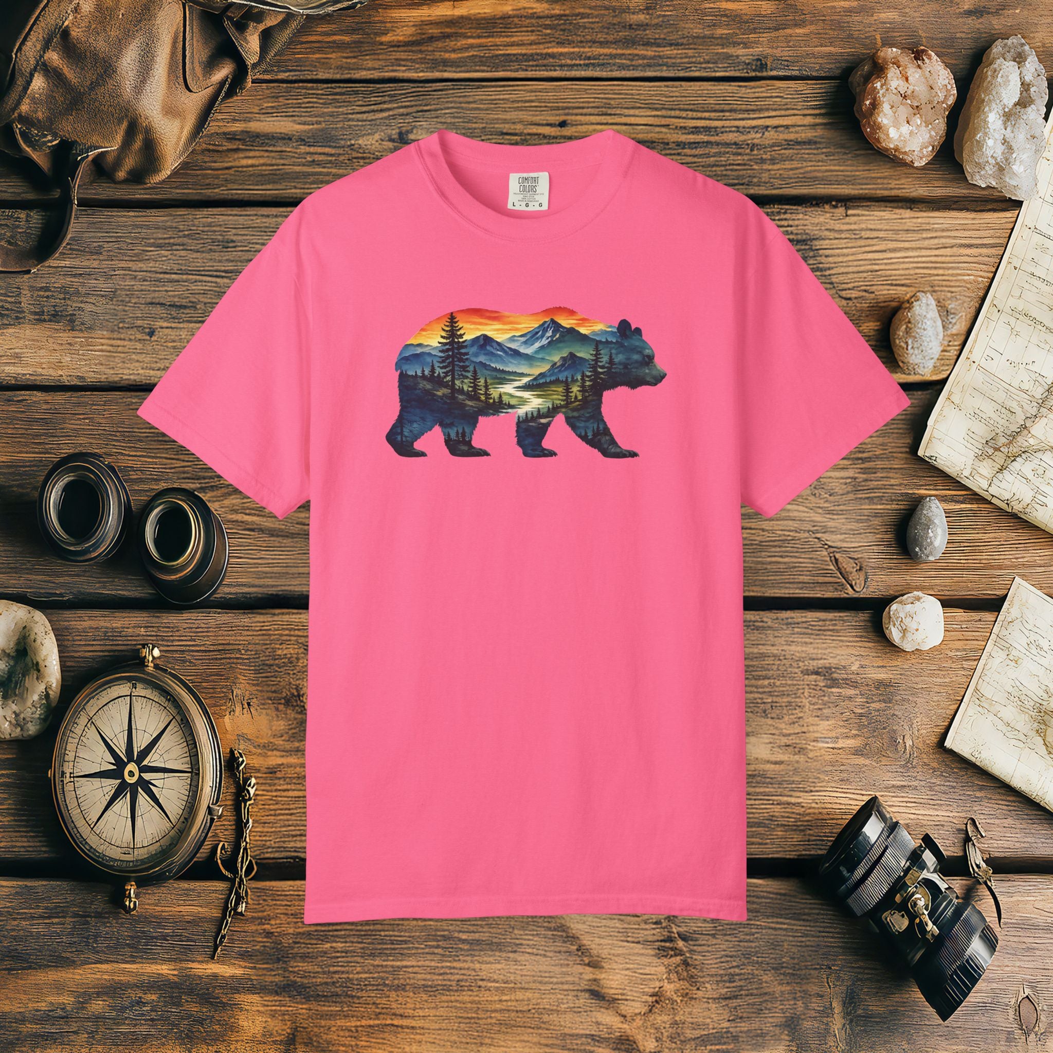 Mountain Bear Sunset Comfort Colors® 1717 Premium T-Shirt, Nature Bear Graphic Tee, Wildlife Landscape Shirt, Rustic Outdoor Adventure Shirt, Forest Bear Tee