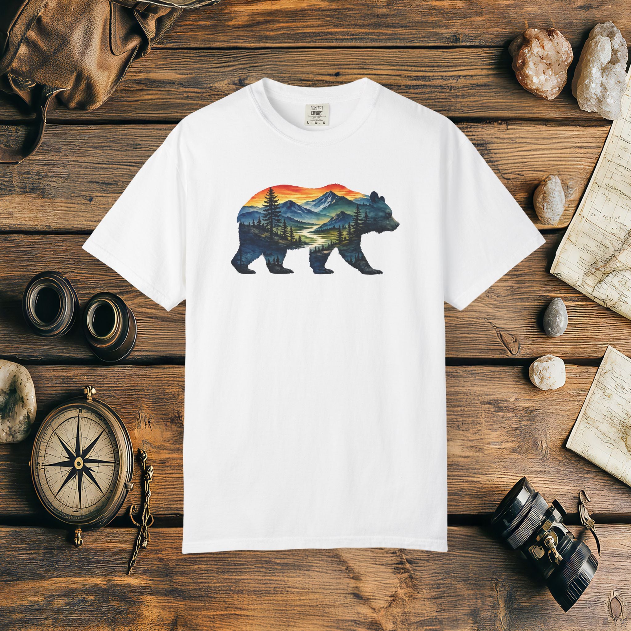 Mountain Bear Sunset Comfort Colors® 1717 Premium T-Shirt, Nature Bear Graphic Tee, Wildlife Landscape Shirt, Rustic Outdoor Adventure Shirt, Forest Bear Tee