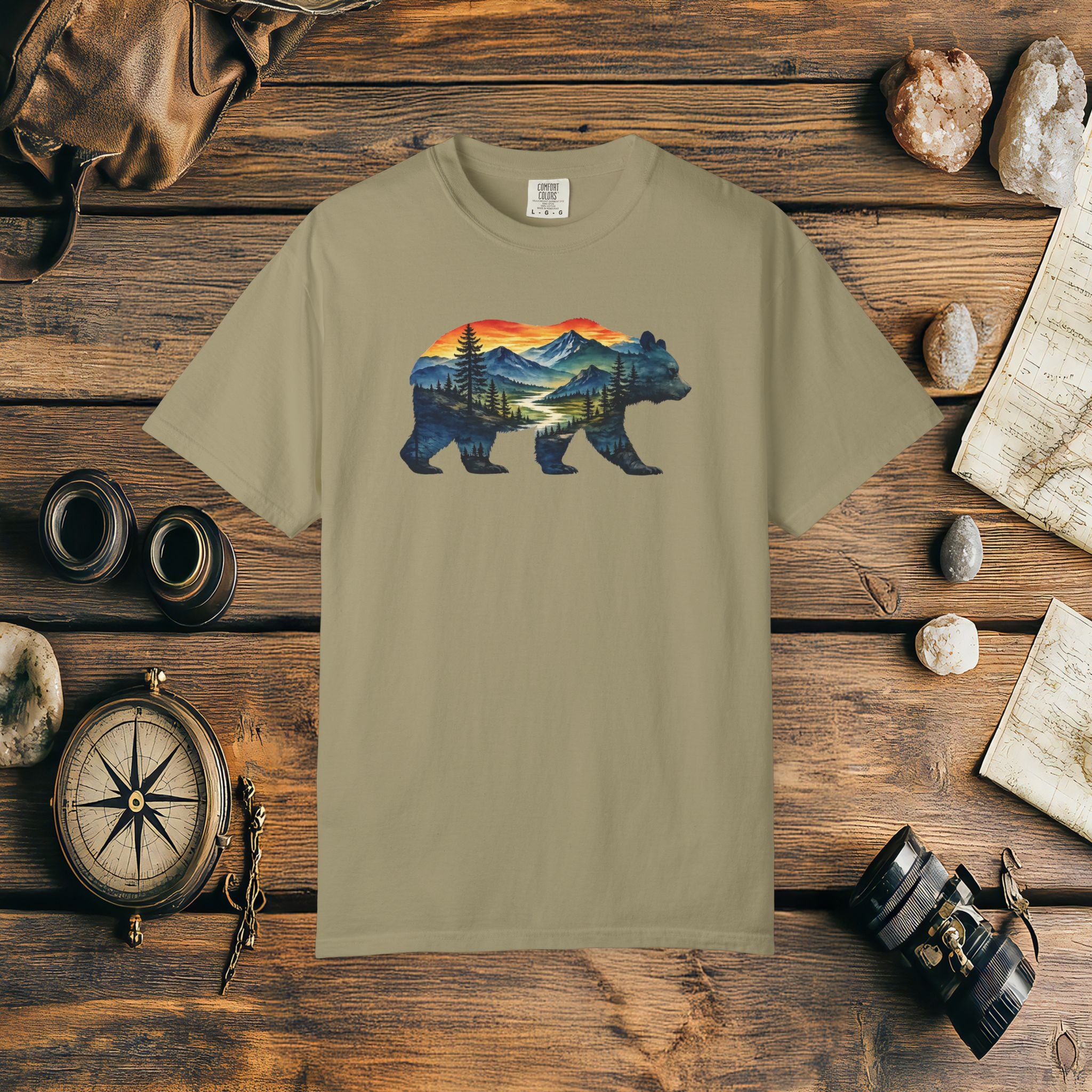 Mountain Bear Sunset Comfort Colors® 1717 Premium T-Shirt, Nature Bear Graphic Tee, Wildlife Landscape Shirt, Rustic Outdoor Adventure Shirt, Forest Bear Tee