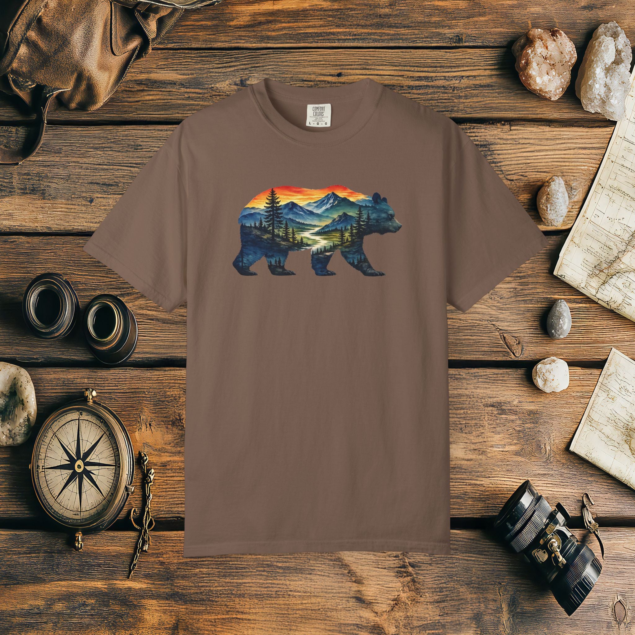 Mountain Bear Sunset Comfort Colors® 1717 Premium T-Shirt, Nature Bear Graphic Tee, Wildlife Landscape Shirt, Rustic Outdoor Adventure Shirt, Forest Bear Tee