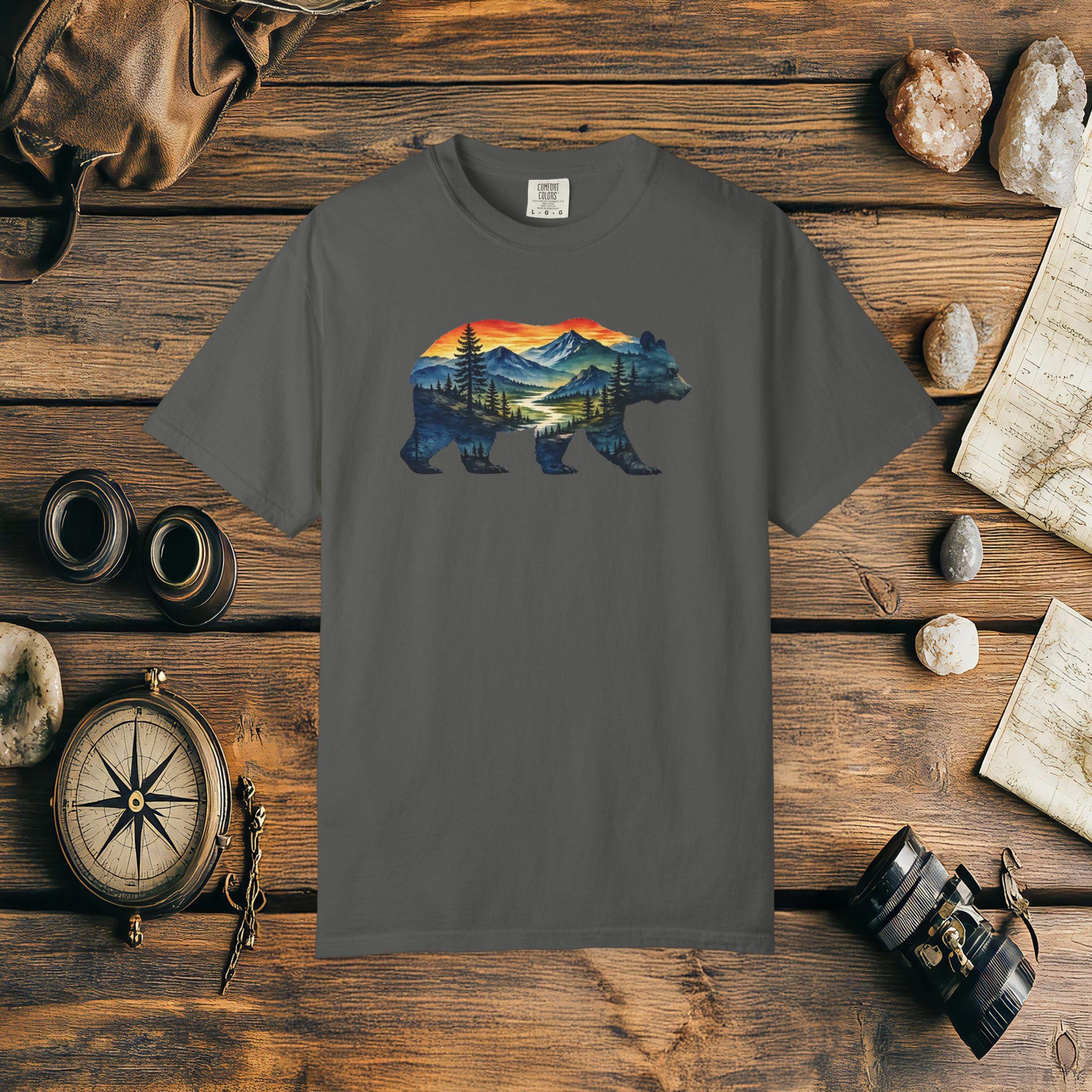 Mountain Bear Sunset Comfort Colors® 1717 Premium T-Shirt, Nature Bear Graphic Tee, Wildlife Landscape Shirt, Rustic Outdoor Adventure Shirt, Forest Bear Tee