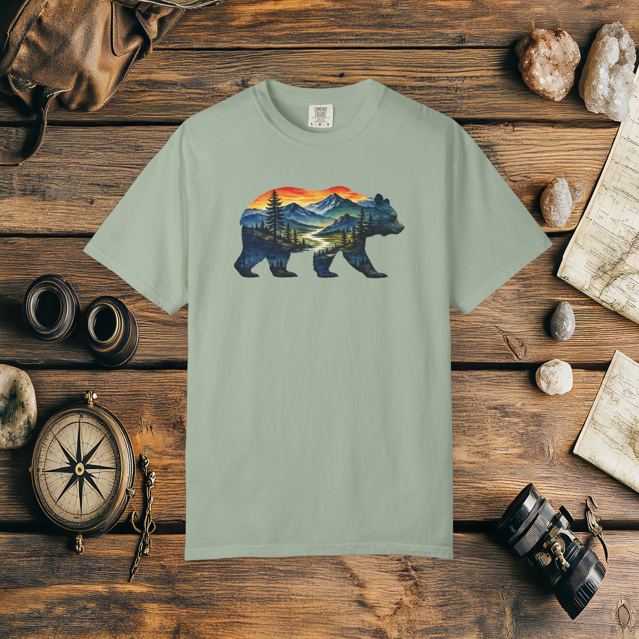 Mountain Bear Sunset Comfort Colors® 1717 Premium T-Shirt, Nature Bear Graphic Tee, Wildlife Landscape Shirt, Rustic Outdoor Adventure Shirt, Forest Bear Tee