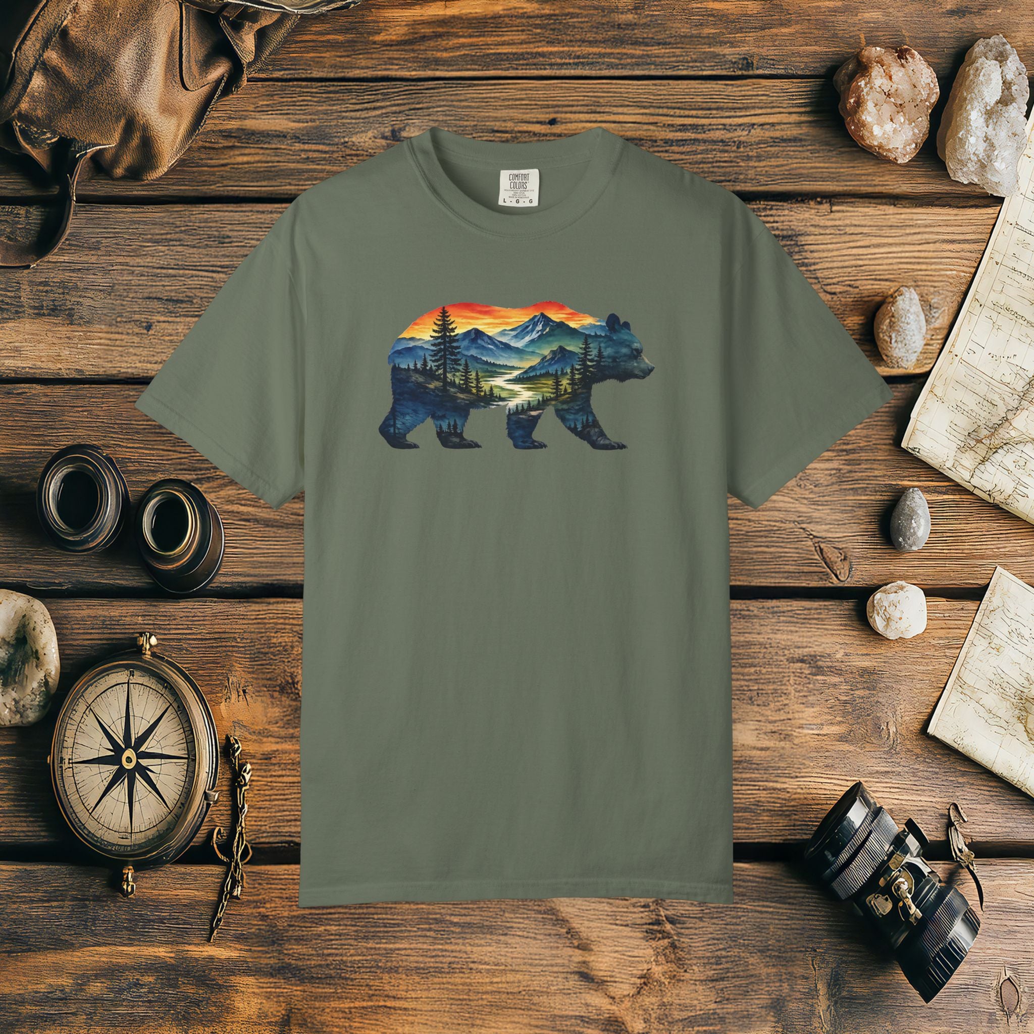 Mountain Bear Sunset Comfort Colors® 1717 Premium T-Shirt, Nature Bear Graphic Tee, Wildlife Landscape Shirt, Rustic Outdoor Adventure Shirt, Forest Bear Tee