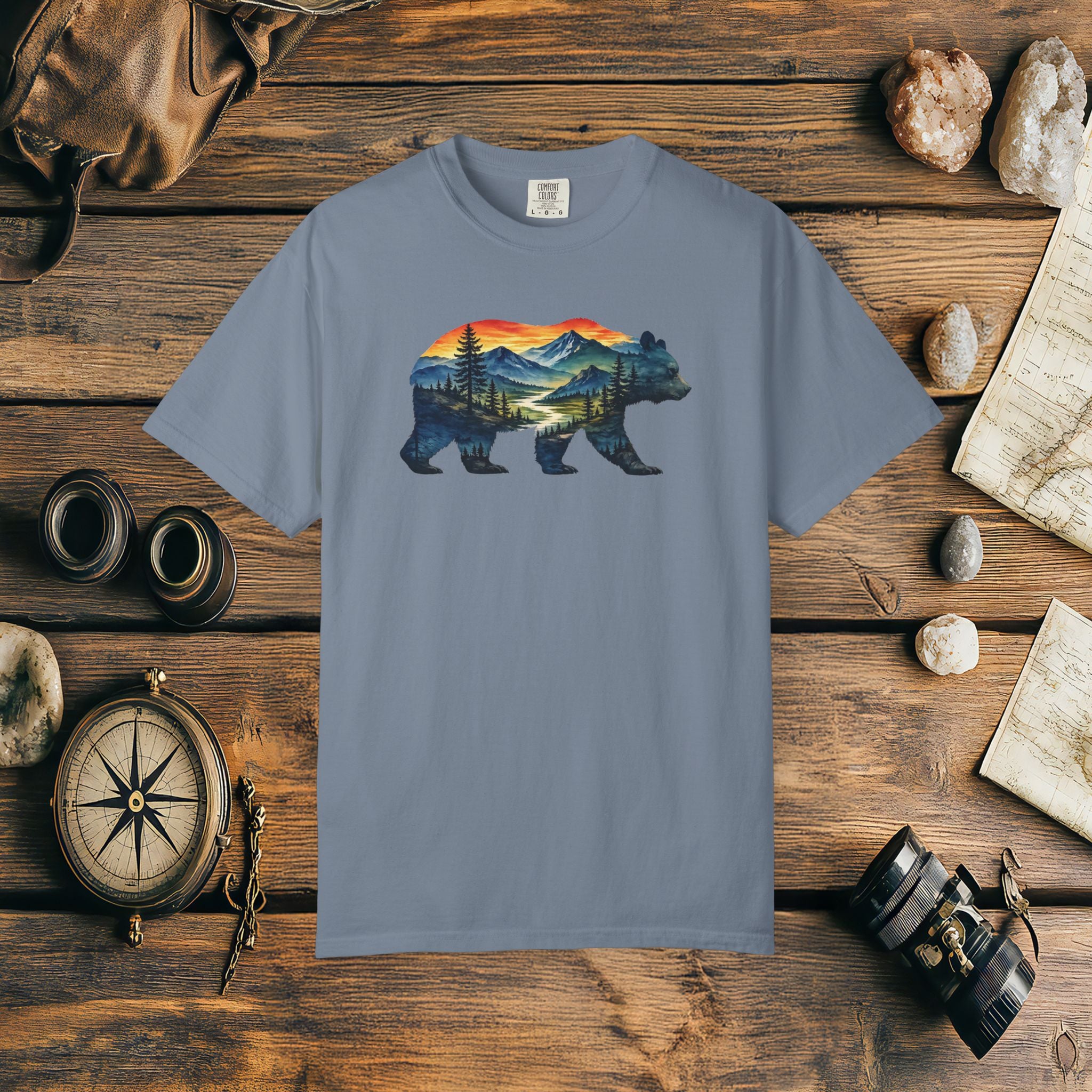 Mountain Bear Sunset Comfort Colors® 1717 Premium T-Shirt, Nature Bear Graphic Tee, Wildlife Landscape Shirt, Rustic Outdoor Adventure Shirt, Forest Bear Tee