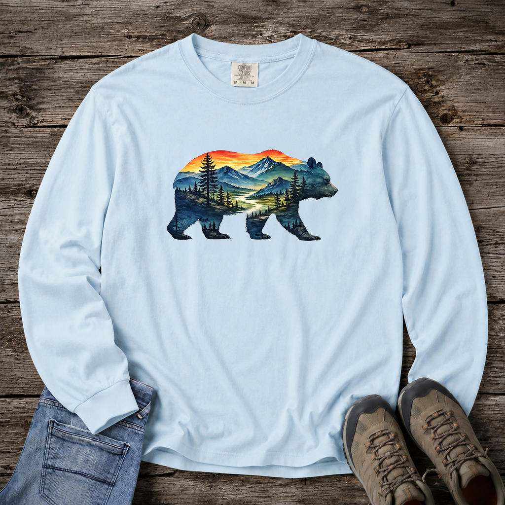 Mountain Bear Sunset Comfort Colors® 6014 Premium Long Sleeve T-Shirt, Nature Bear Graphic Tee, Wildlife Landscape Shirt, Rustic Outdoor Adventure Shirt, Forest Bear Tee