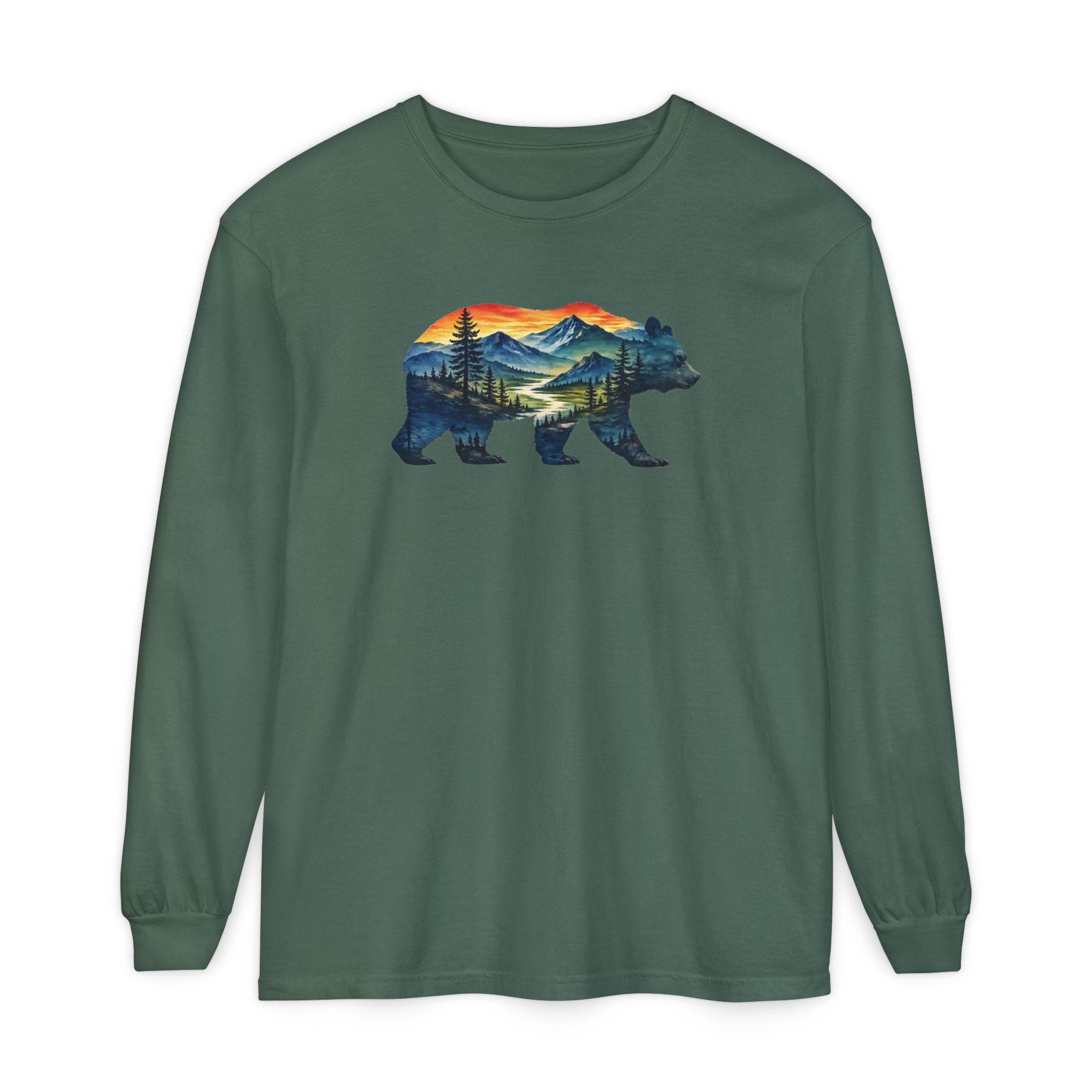Mountain Bear Sunset Comfort Colors® 6014 Premium Long Sleeve T-Shirt, Nature Bear Graphic Tee, Wildlife Landscape Shirt, Rustic Outdoor Adventure Shirt, Forest Bear Tee