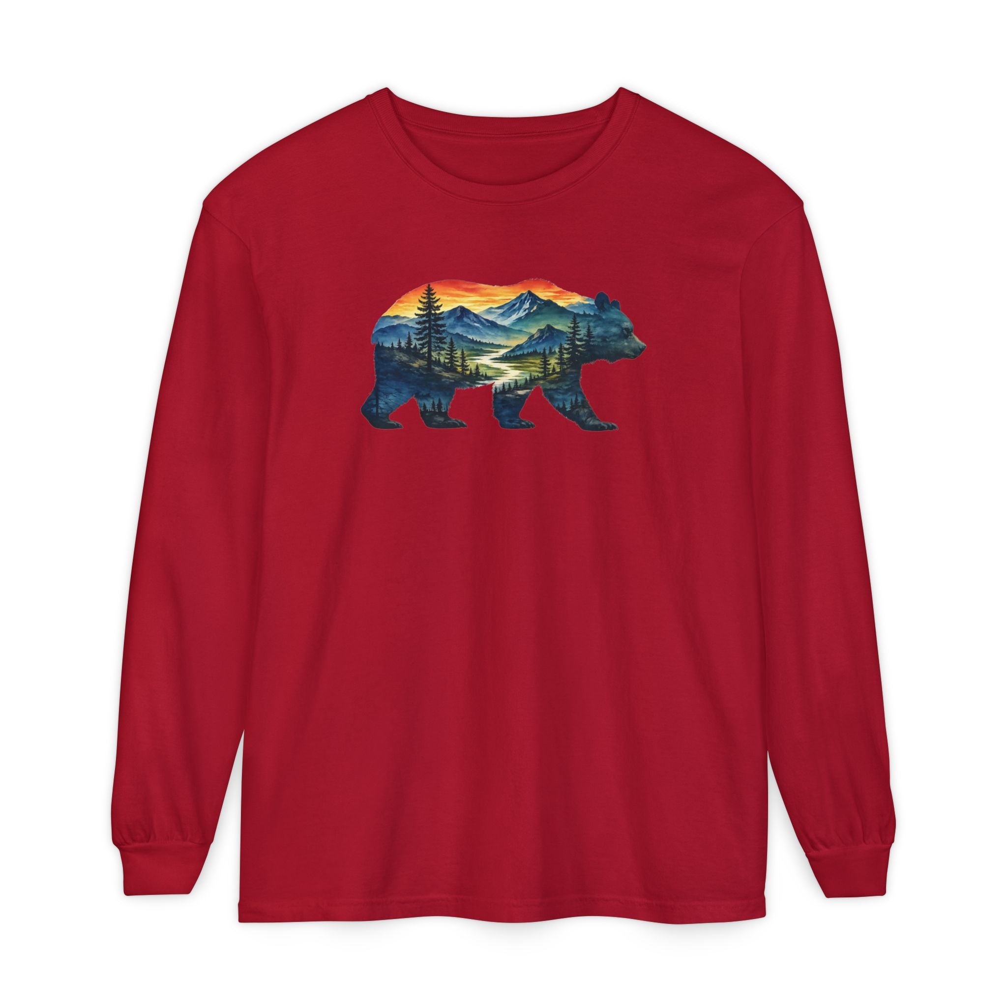 Mountain Bear Sunset Comfort Colors® 6014 Premium Long Sleeve T-Shirt, Nature Bear Graphic Tee, Wildlife Landscape Shirt, Rustic Outdoor Adventure Shirt, Forest Bear Tee