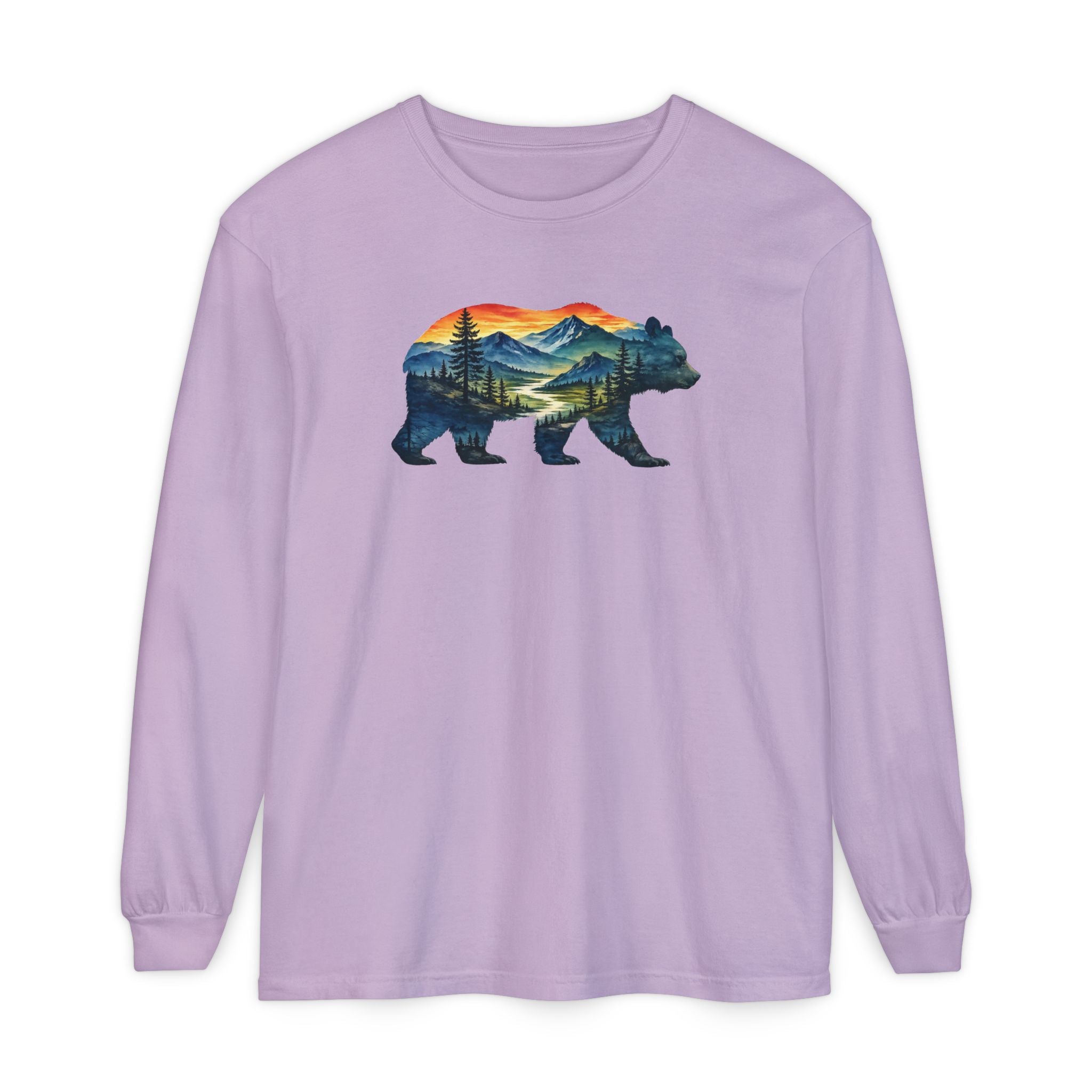 Mountain Bear Sunset Comfort Colors® 6014 Premium Long Sleeve T-Shirt, Nature Bear Graphic Tee, Wildlife Landscape Shirt, Rustic Outdoor Adventure Shirt, Forest Bear Tee