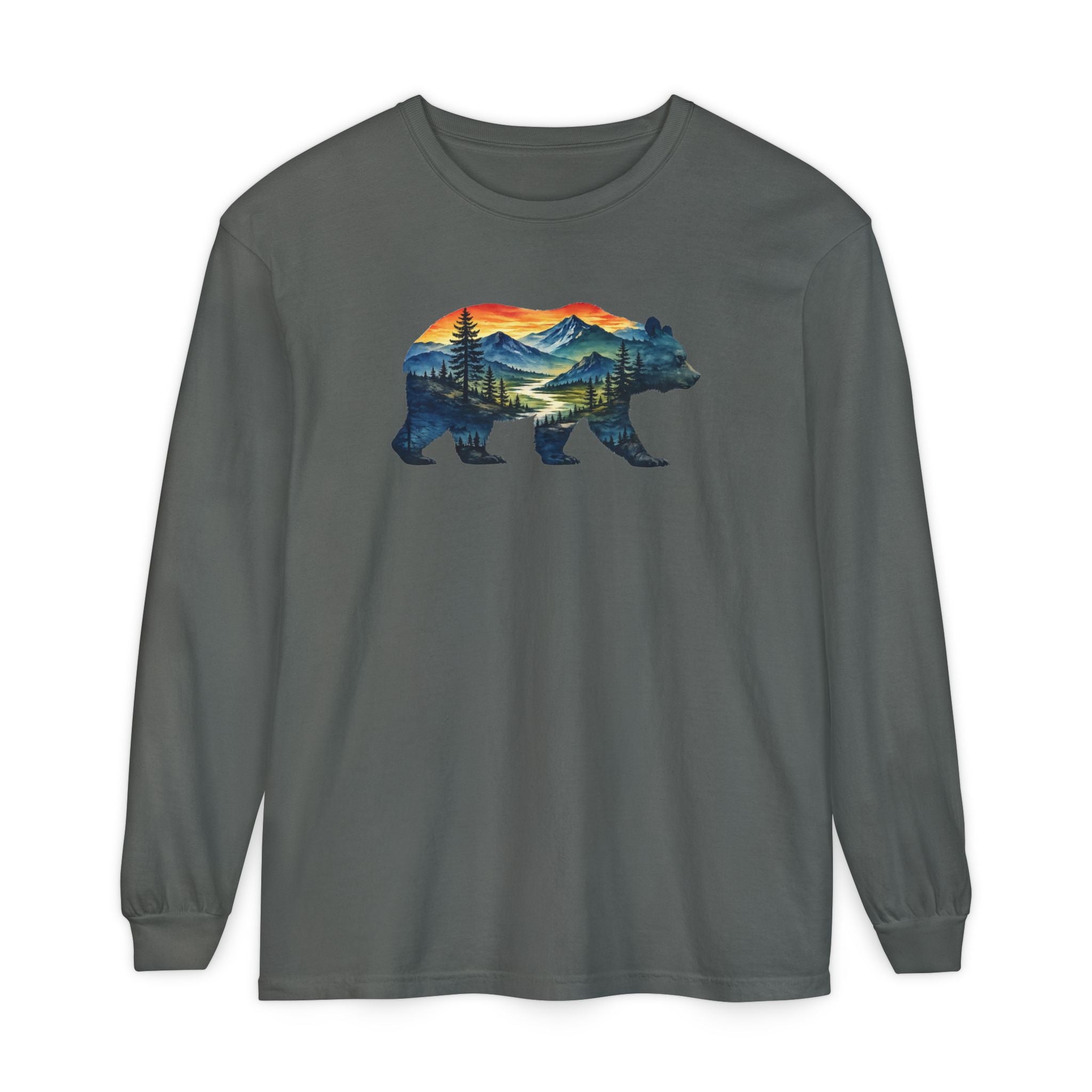Mountain Bear Sunset Comfort Colors® 6014 Premium Long Sleeve T-Shirt, Nature Bear Graphic Tee, Wildlife Landscape Shirt, Rustic Outdoor Adventure Shirt, Forest Bear Tee