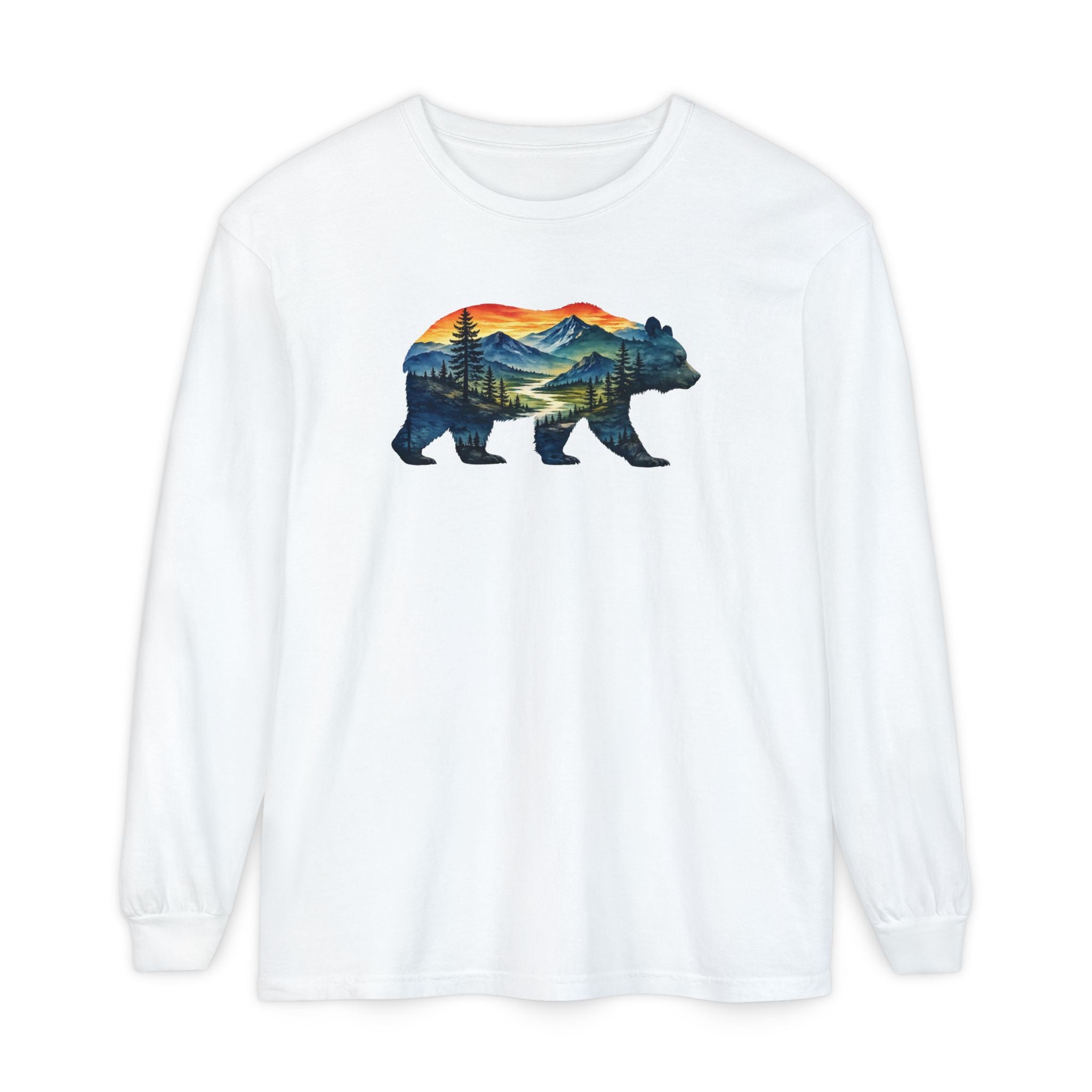 Mountain Bear Sunset Comfort Colors® 6014 Premium Long Sleeve T-Shirt, Nature Bear Graphic Tee, Wildlife Landscape Shirt, Rustic Outdoor Adventure Shirt, Forest Bear Tee