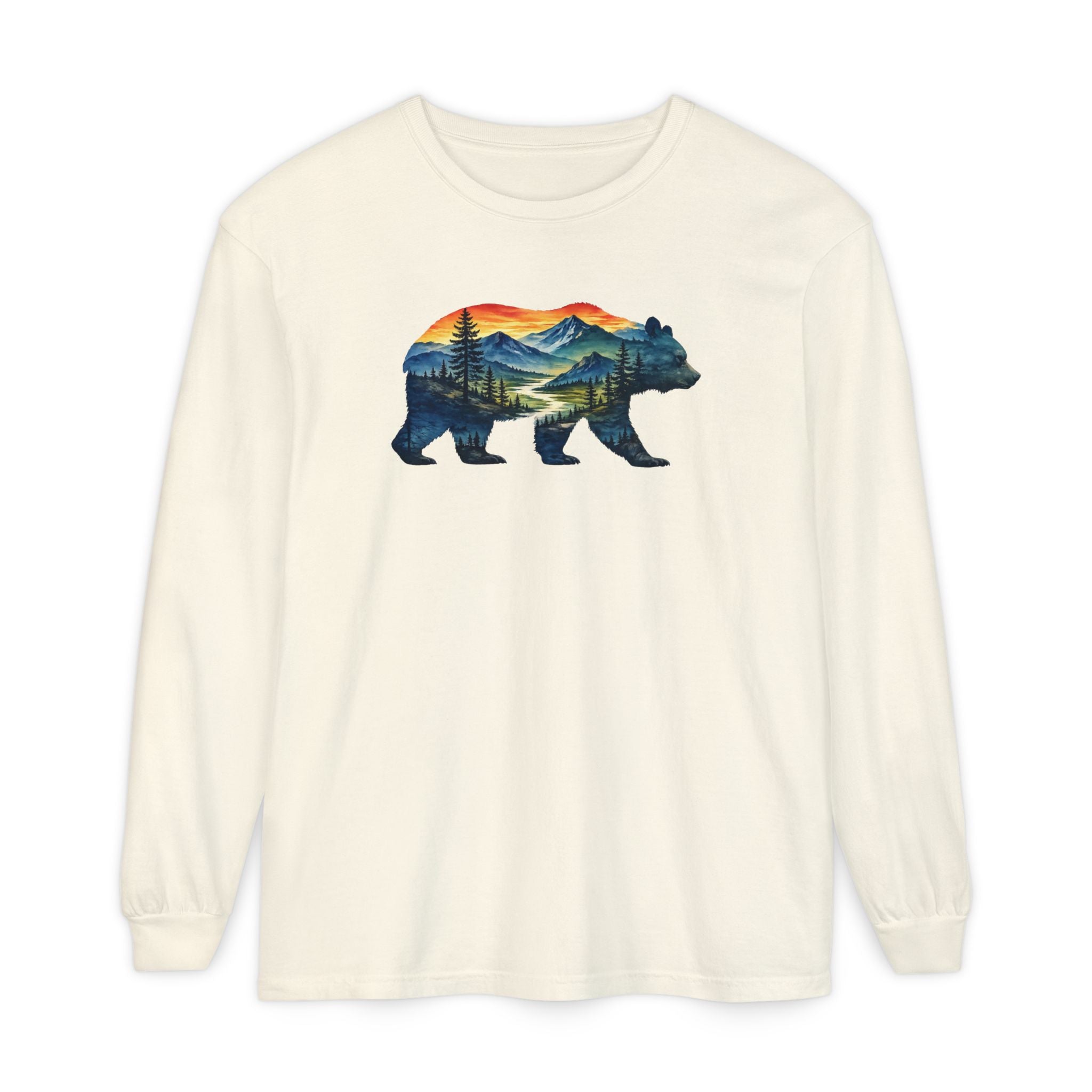 Mountain Bear Sunset Comfort Colors® 6014 Premium Long Sleeve T-Shirt, Nature Bear Graphic Tee, Wildlife Landscape Shirt, Rustic Outdoor Adventure Shirt, Forest Bear Tee
