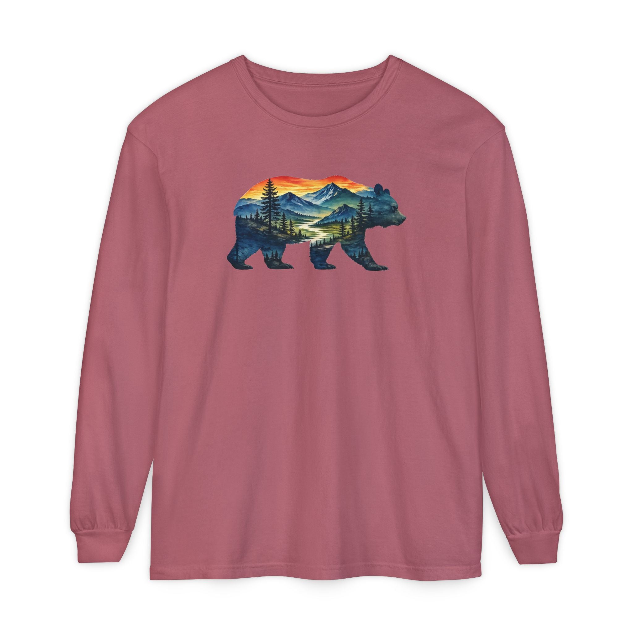 Mountain Bear Sunset Comfort Colors® 6014 Premium Long Sleeve T-Shirt, Nature Bear Graphic Tee, Wildlife Landscape Shirt, Rustic Outdoor Adventure Shirt, Forest Bear Tee