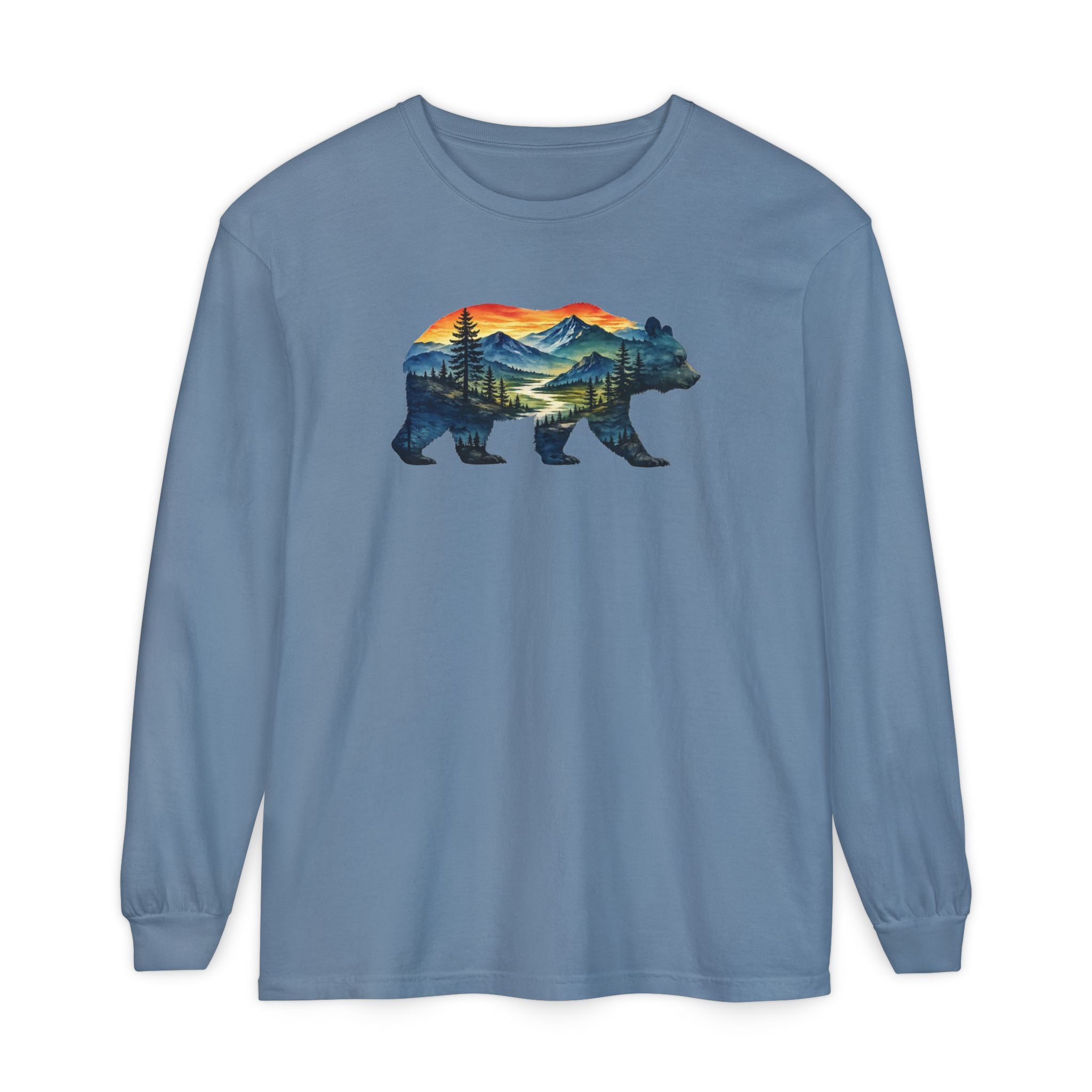 Mountain Bear Sunset Comfort Colors® 6014 Premium Long Sleeve T-Shirt, Nature Bear Graphic Tee, Wildlife Landscape Shirt, Rustic Outdoor Adventure Shirt, Forest Bear Tee