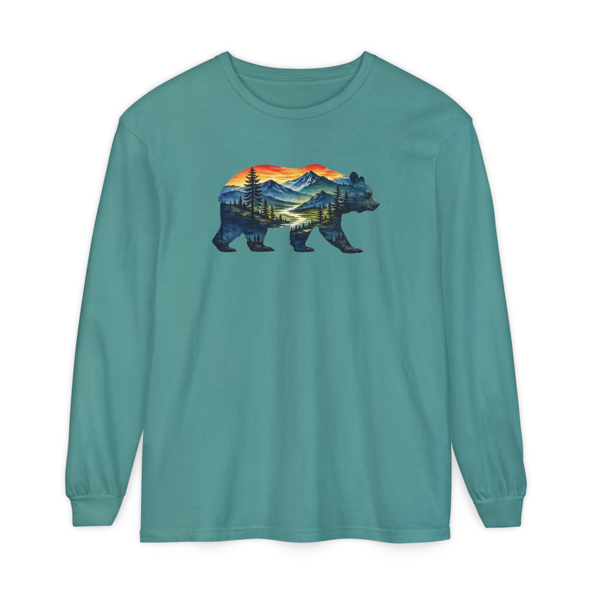 Mountain Bear Sunset Comfort Colors® 6014 Premium Long Sleeve T-Shirt, Nature Bear Graphic Tee, Wildlife Landscape Shirt, Rustic Outdoor Adventure Shirt, Forest Bear Tee