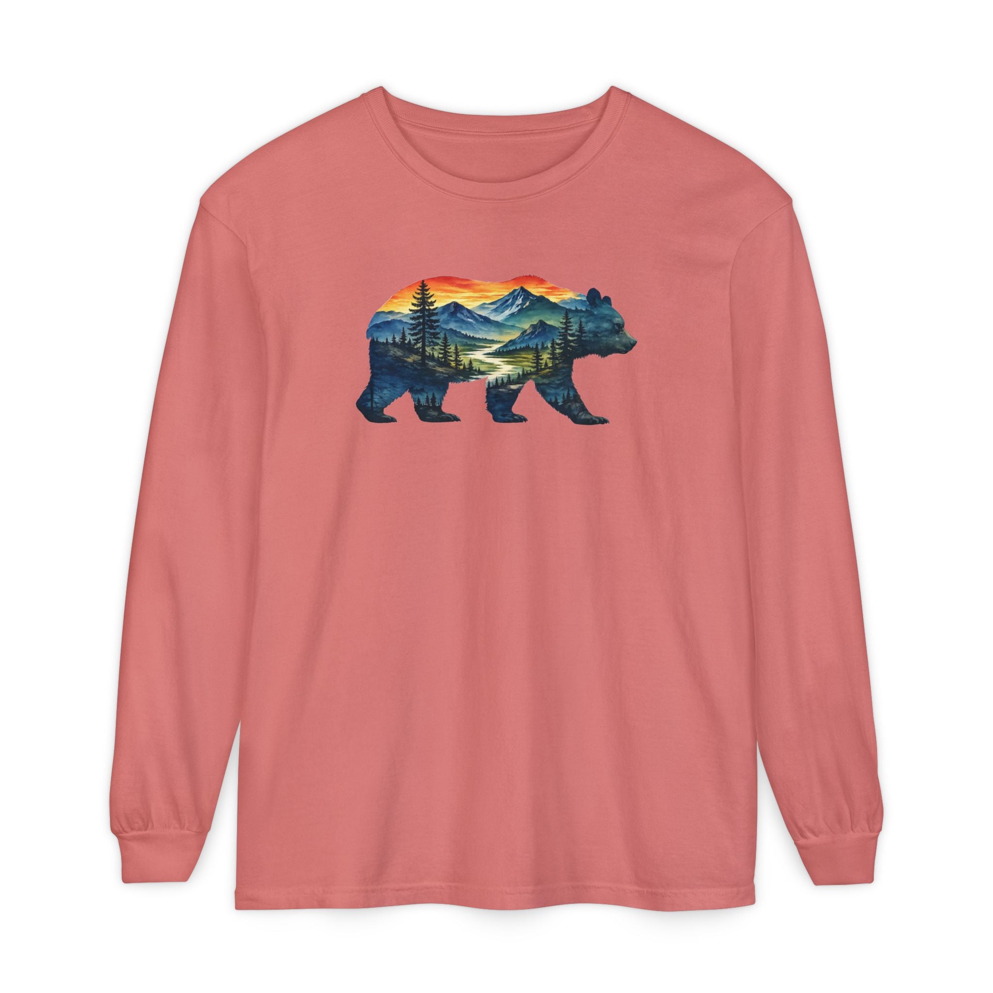 Mountain Bear Sunset Comfort Colors® 6014 Premium Long Sleeve T-Shirt, Nature Bear Graphic Tee, Wildlife Landscape Shirt, Rustic Outdoor Adventure Shirt, Forest Bear Tee