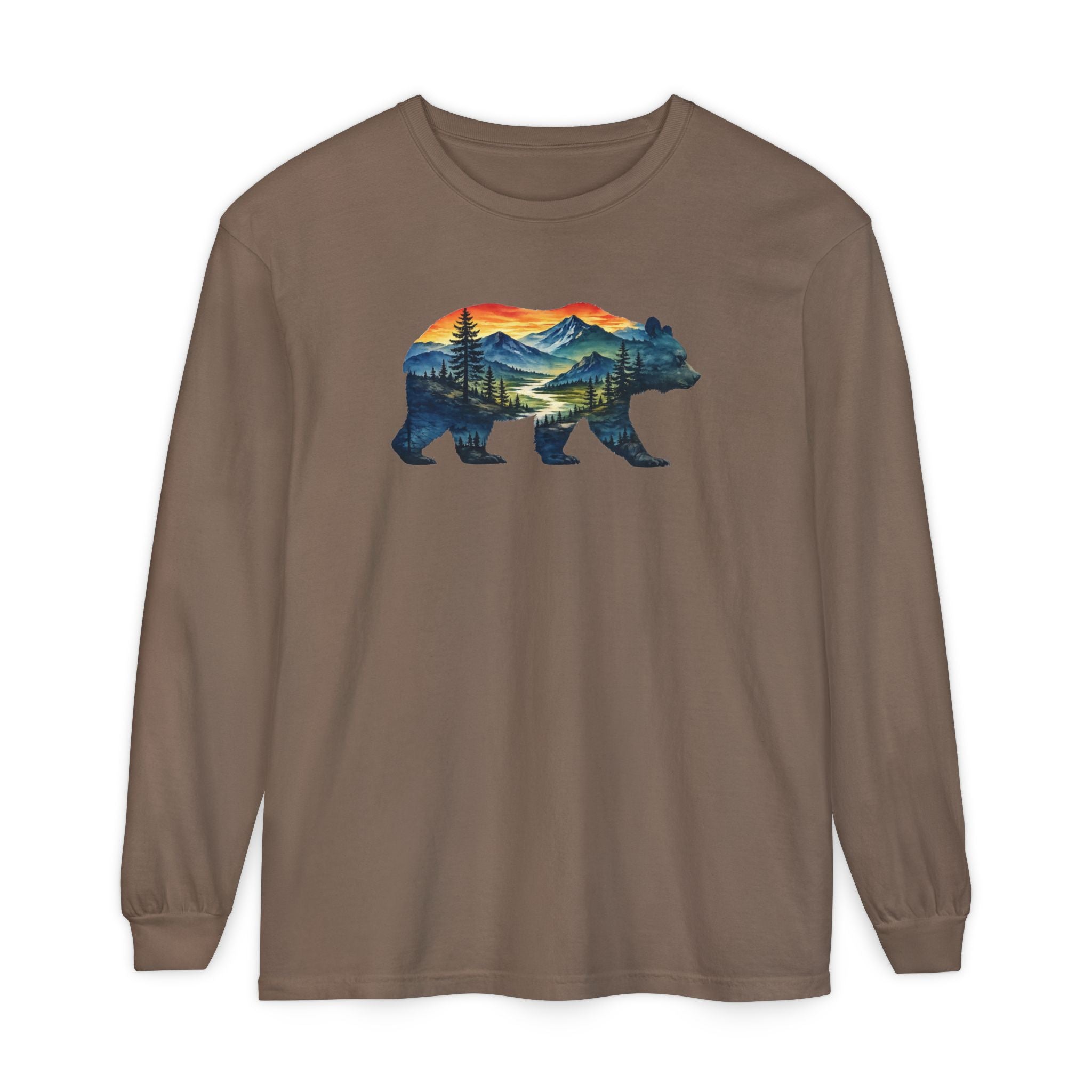 Mountain Bear Sunset Comfort Colors® 6014 Premium Long Sleeve T-Shirt, Nature Bear Graphic Tee, Wildlife Landscape Shirt, Rustic Outdoor Adventure Shirt, Forest Bear Tee