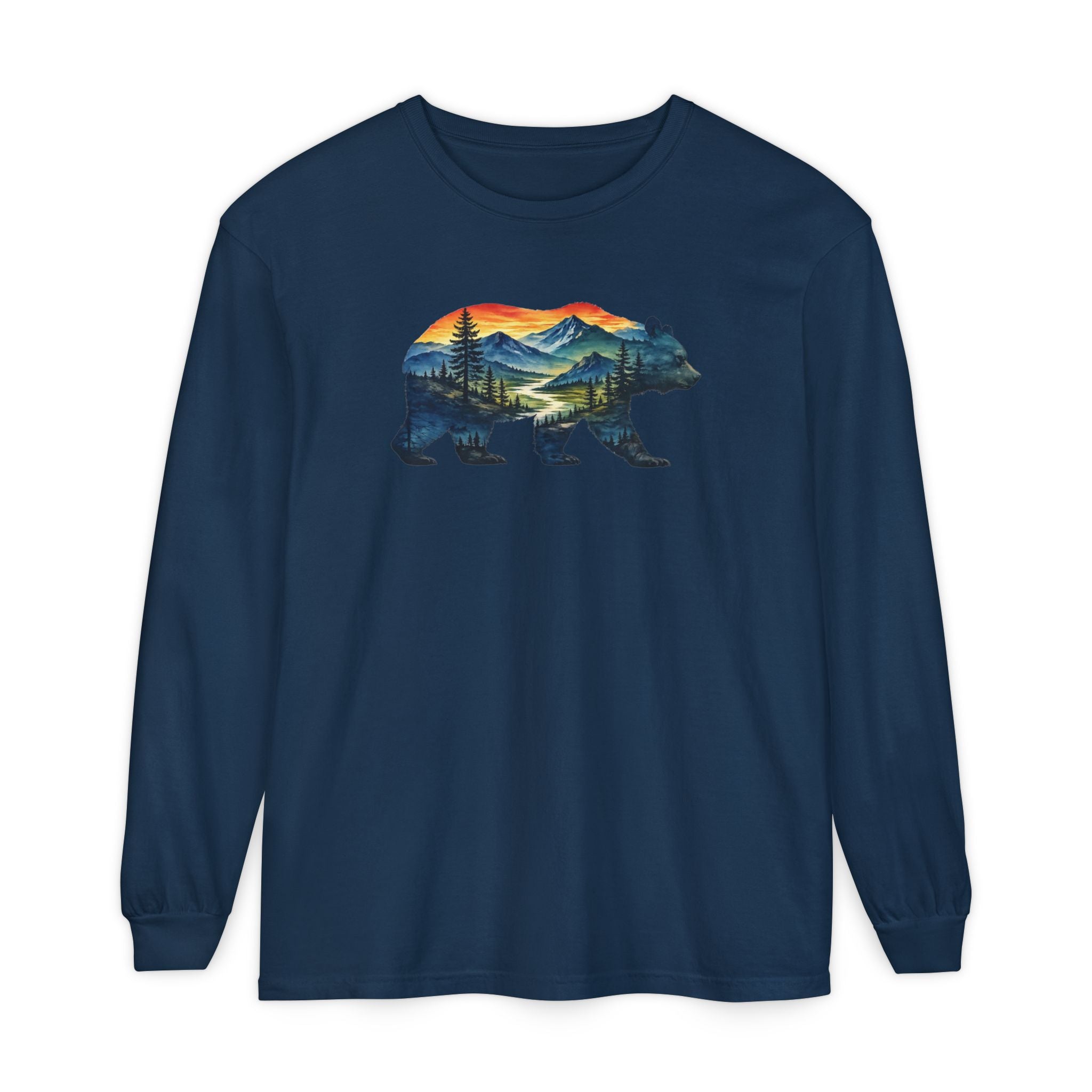 Mountain Bear Sunset Comfort Colors® 6014 Premium Long Sleeve T-Shirt, Nature Bear Graphic Tee, Wildlife Landscape Shirt, Rustic Outdoor Adventure Shirt, Forest Bear Tee