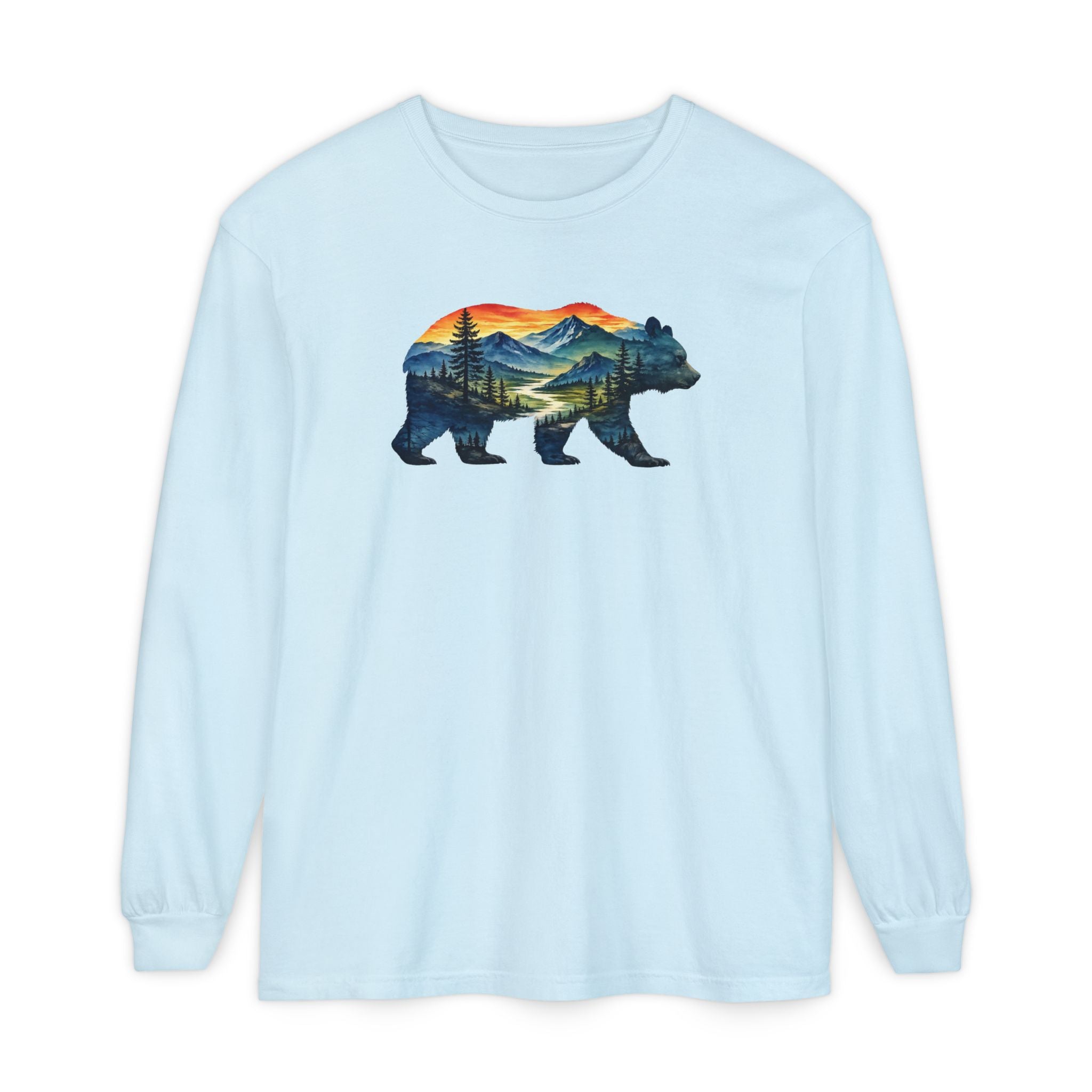 Mountain Bear Sunset Comfort Colors® 6014 Premium Long Sleeve T-Shirt, Nature Bear Graphic Tee, Wildlife Landscape Shirt, Rustic Outdoor Adventure Shirt, Forest Bear Tee