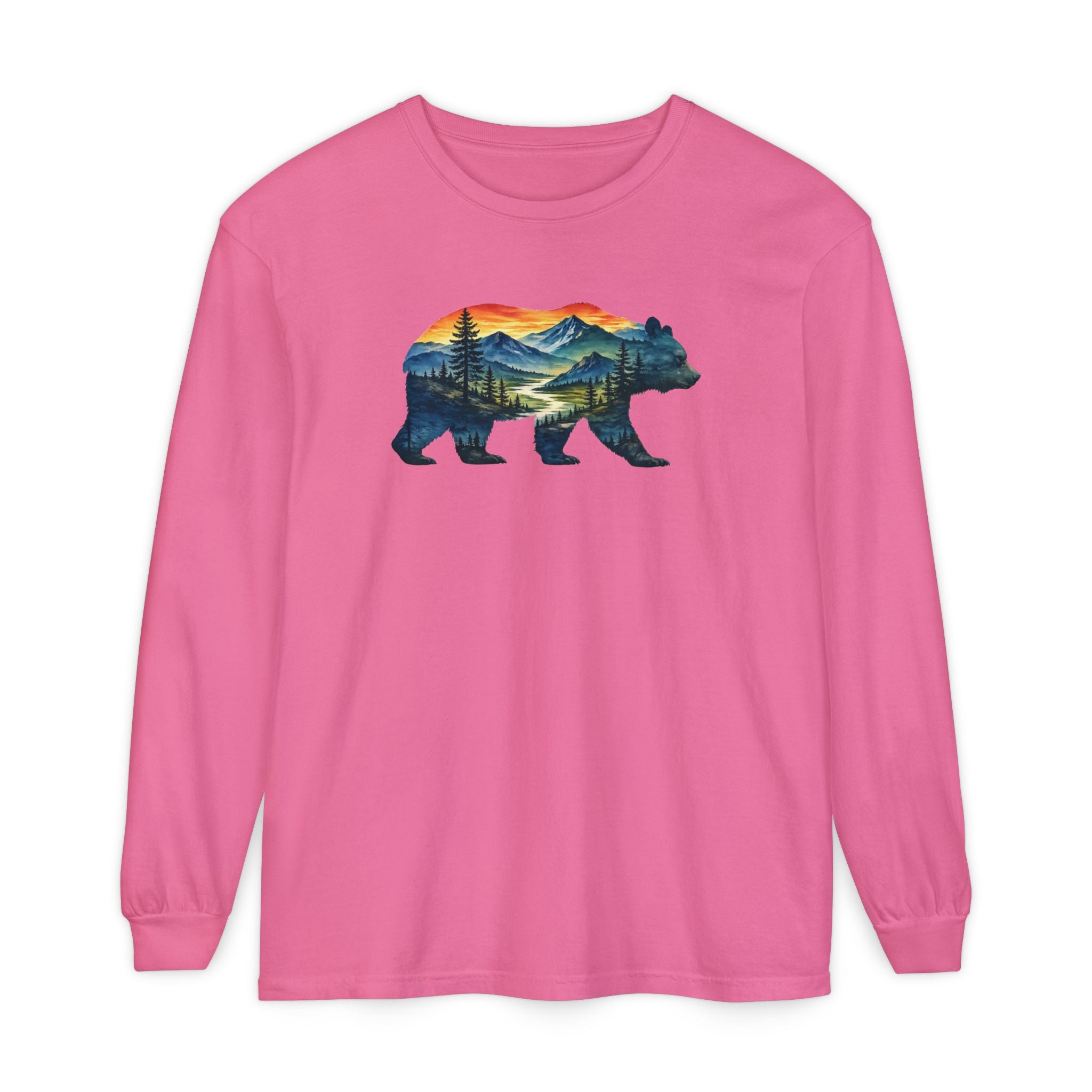 Mountain Bear Sunset Comfort Colors® 6014 Premium Long Sleeve T-Shirt, Nature Bear Graphic Tee, Wildlife Landscape Shirt, Rustic Outdoor Adventure Shirt, Forest Bear Tee