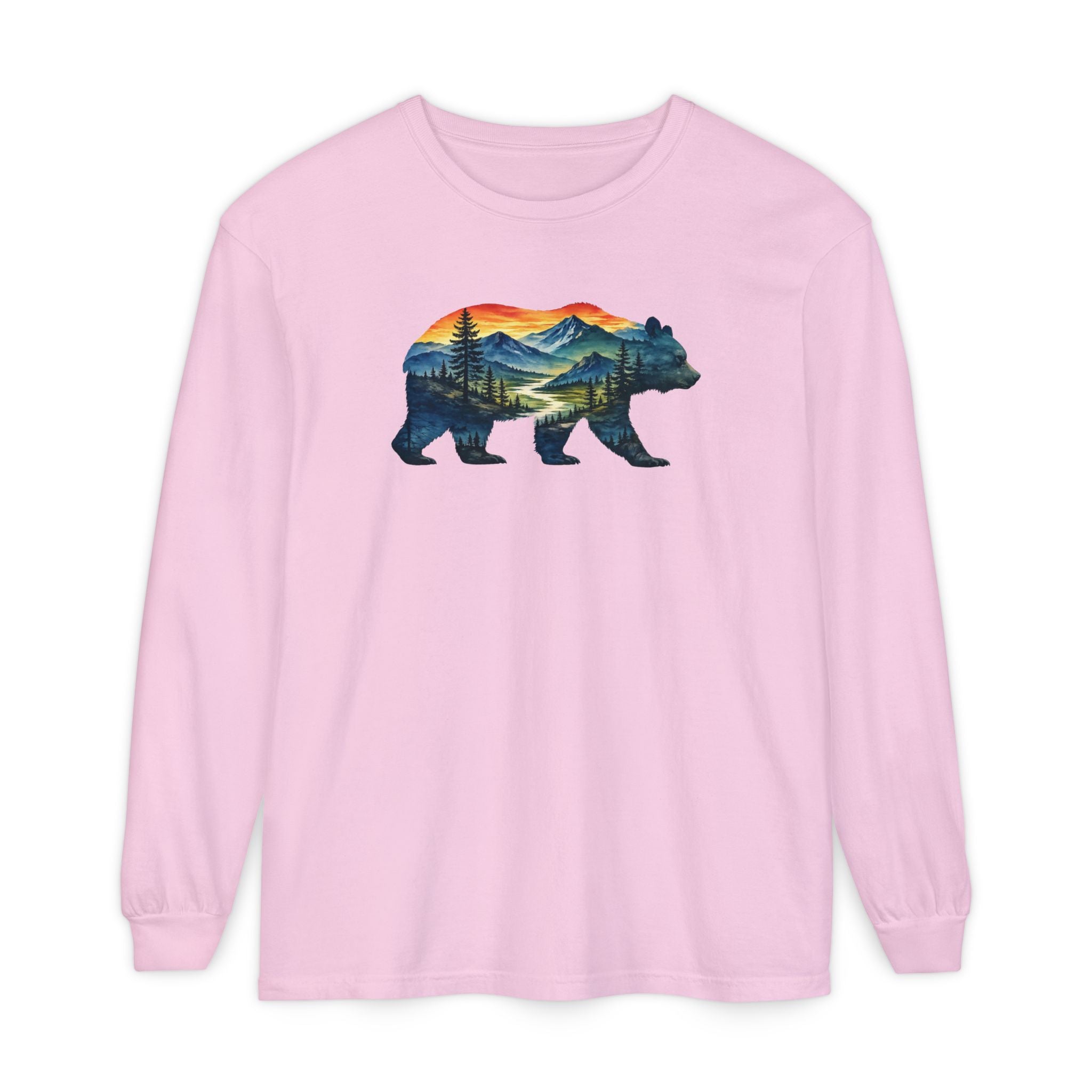 Mountain Bear Sunset Comfort Colors® 6014 Premium Long Sleeve T-Shirt, Nature Bear Graphic Tee, Wildlife Landscape Shirt, Rustic Outdoor Adventure Shirt, Forest Bear Tee