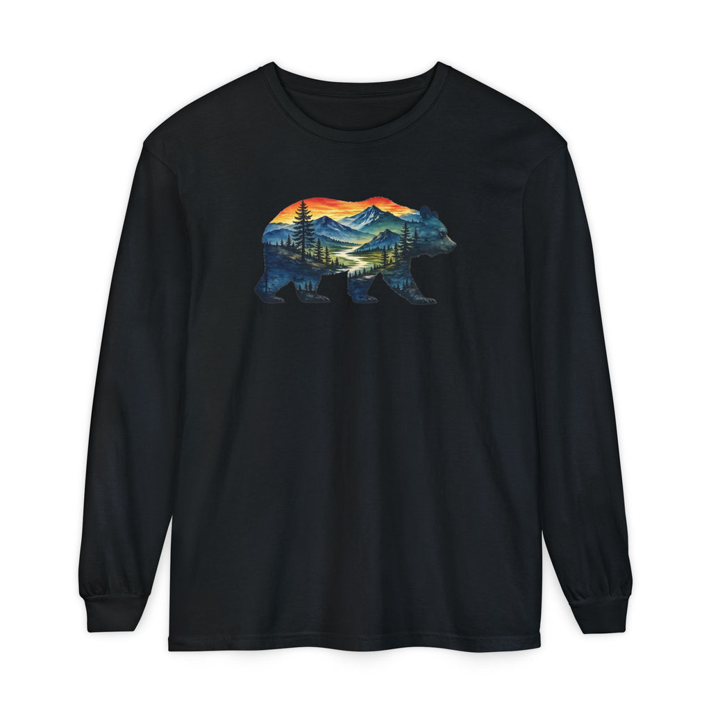 Mountain Bear Sunset Comfort Colors® 6014 Premium Long Sleeve T-Shirt, Nature Bear Graphic Tee, Wildlife Landscape Shirt, Rustic Outdoor Adventure Shirt, Forest Bear Tee