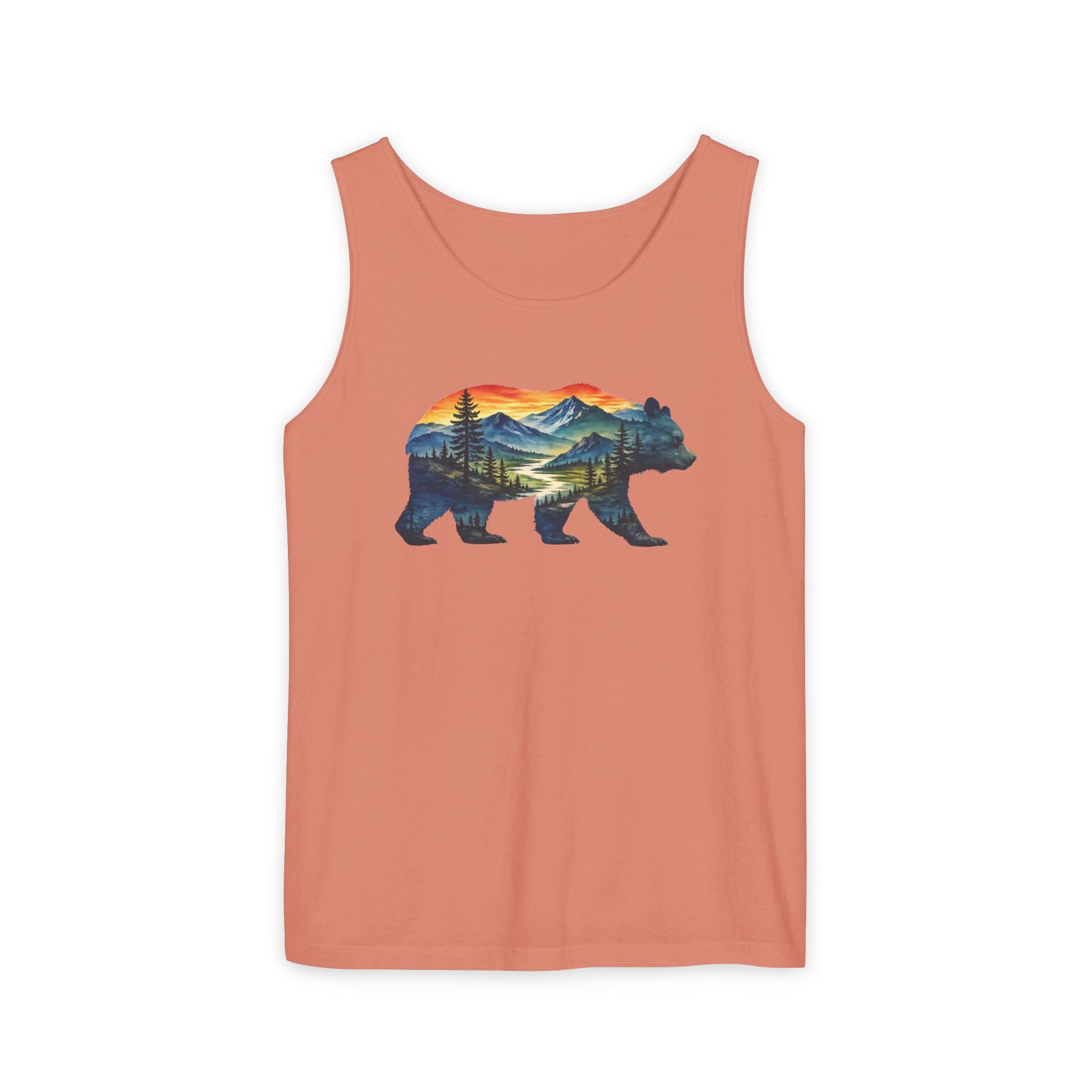 Mountain Bear Sunset Comfort Colors® 9360 Premium Tank Top, Nature Bear Graphic Tank Top, Wildlife Landscape Tank Top, Rustic Outdoor Adventure Tank Top, Forest Bear Tank