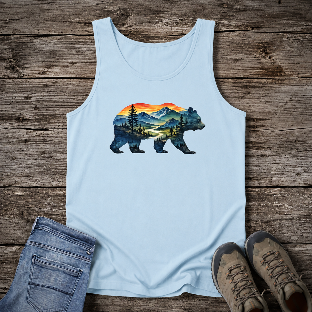 Mountain Bear Sunset Comfort Colors® 9360 Premium Tank Top, Nature Bear Graphic Tank Top, Wildlife Landscape Tank Top, Rustic Outdoor Adventure Tank Top, Forest Bear Tank