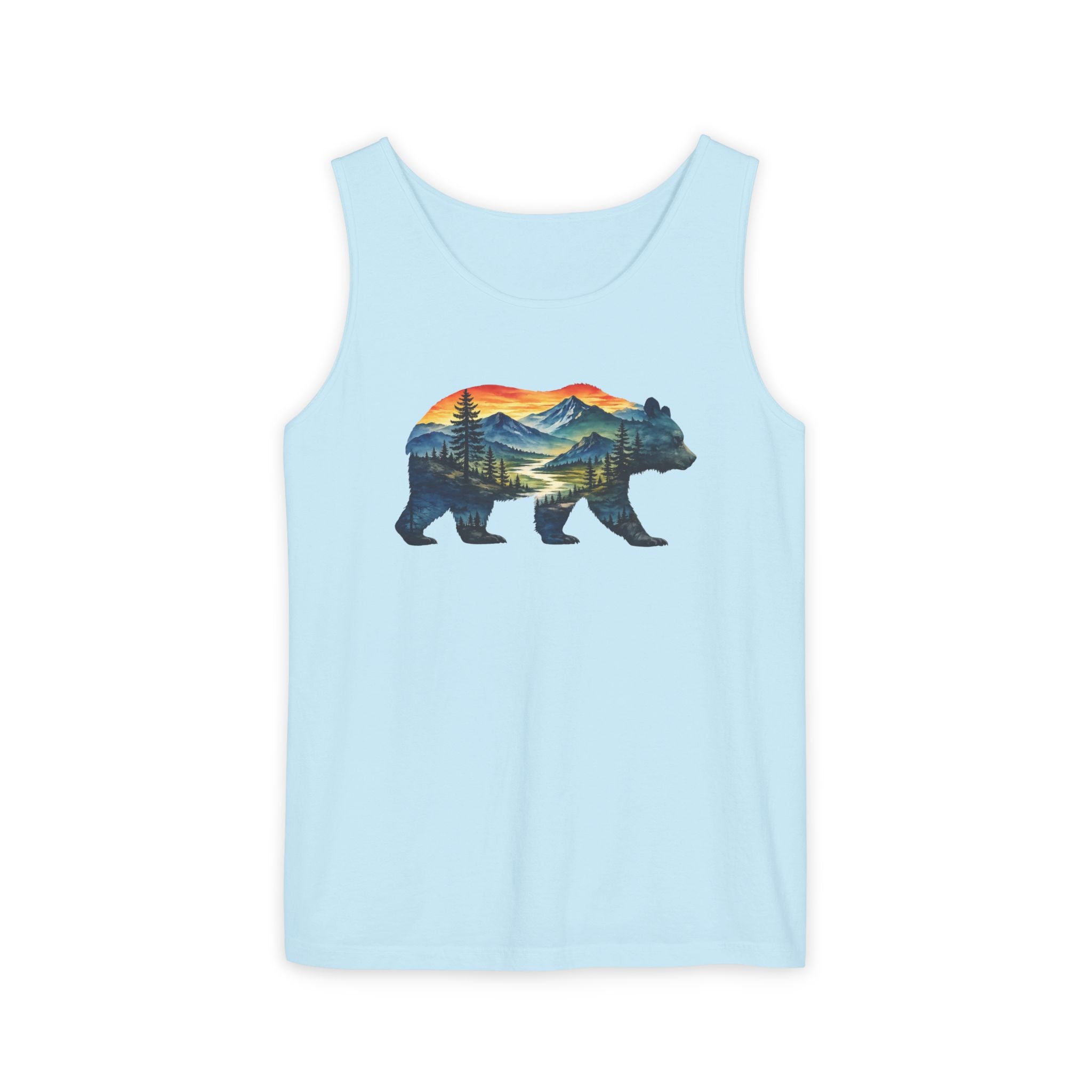 Mountain Bear Sunset Comfort Colors® 9360 Premium Tank Top, Nature Bear Graphic Tank Top, Wildlife Landscape Tank Top, Rustic Outdoor Adventure Tank Top, Forest Bear Tank