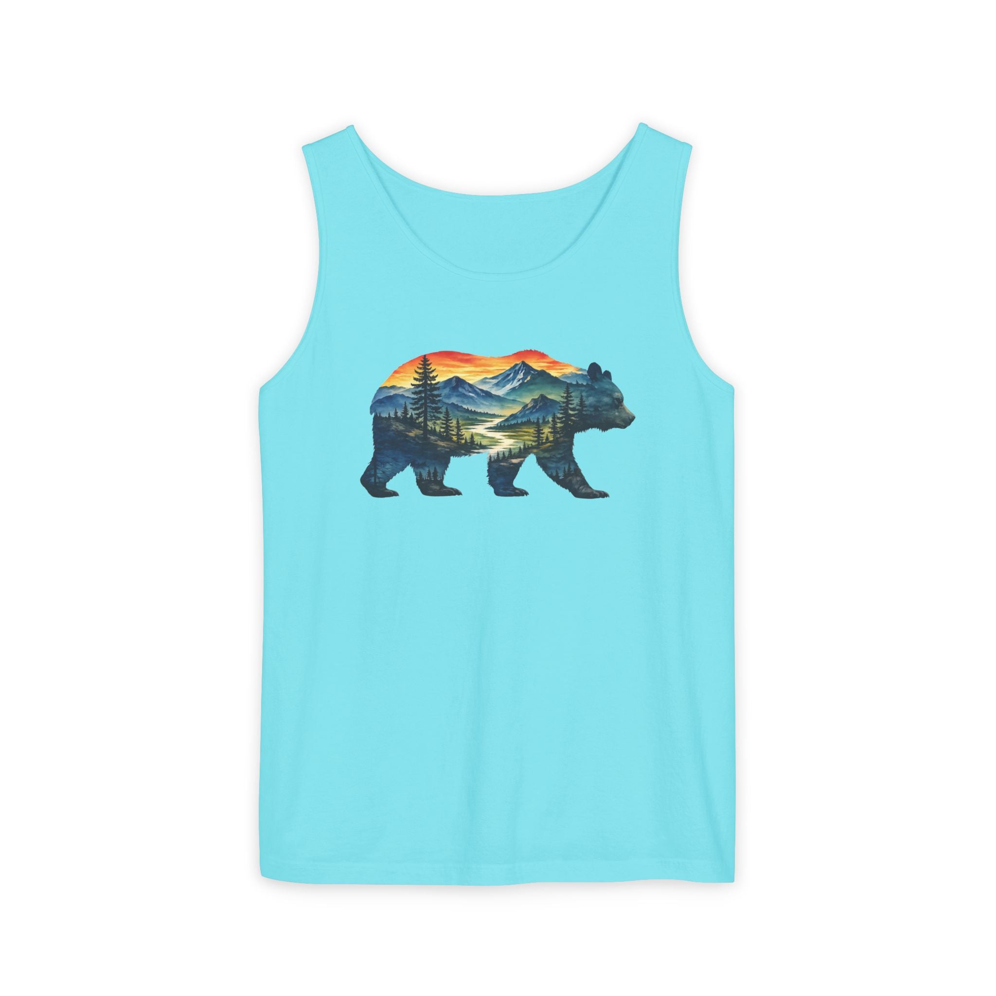 Mountain Bear Sunset Comfort Colors® 9360 Premium Tank Top, Nature Bear Graphic Tank Top, Wildlife Landscape Tank Top, Rustic Outdoor Adventure Tank Top, Forest Bear Tank