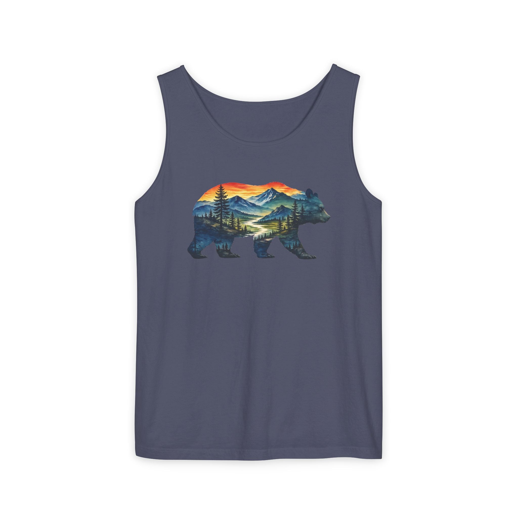 Mountain Bear Sunset Comfort Colors® 9360 Premium Tank Top, Nature Bear Graphic Tank Top, Wildlife Landscape Tank Top, Rustic Outdoor Adventure Tank Top, Forest Bear Tank