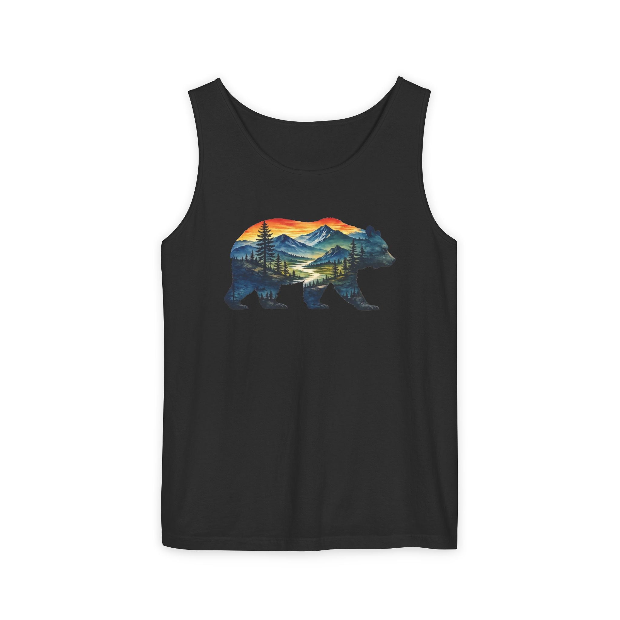 Mountain Bear Sunset Comfort Colors® 9360 Premium Tank Top, Nature Bear Graphic Tank Top, Wildlife Landscape Tank Top, Rustic Outdoor Adventure Tank Top, Forest Bear Tank