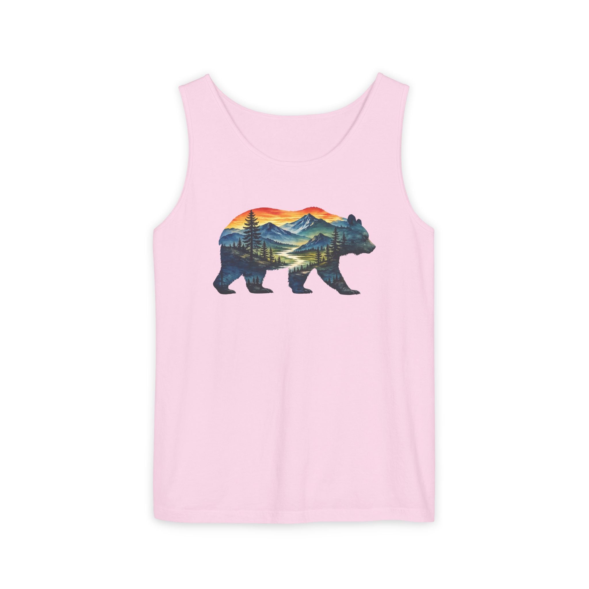 Mountain Bear Sunset Comfort Colors® 9360 Premium Tank Top, Nature Bear Graphic Tank Top, Wildlife Landscape Tank Top, Rustic Outdoor Adventure Tank Top, Forest Bear Tank