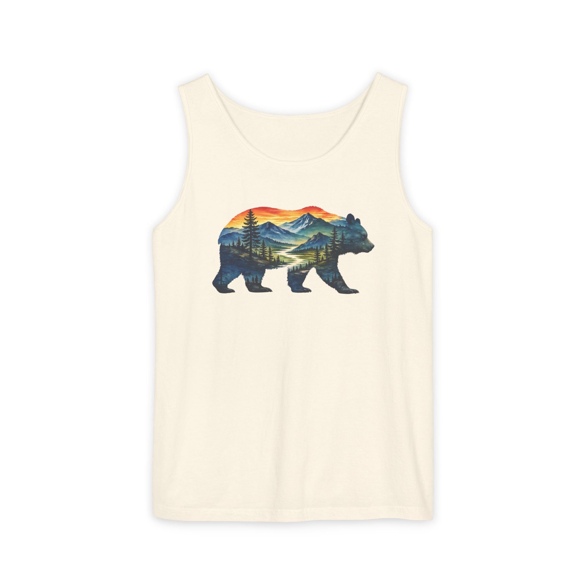 Mountain Bear Sunset Comfort Colors® 9360 Premium Tank Top, Nature Bear Graphic Tank Top, Wildlife Landscape Tank Top, Rustic Outdoor Adventure Tank Top, Forest Bear Tank