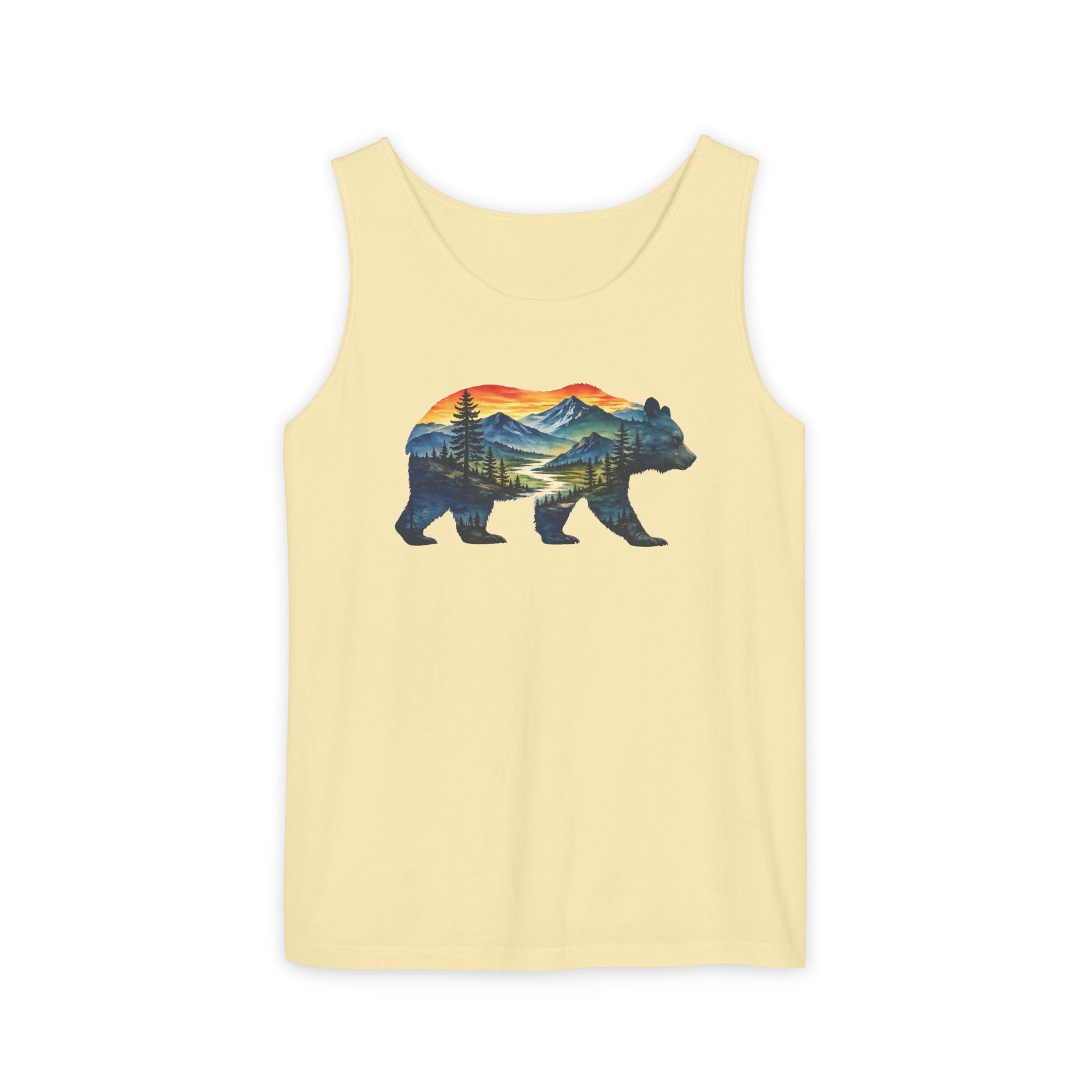 Mountain Bear Sunset Comfort Colors® 9360 Premium Tank Top, Nature Bear Graphic Tank Top, Wildlife Landscape Tank Top, Rustic Outdoor Adventure Tank Top, Forest Bear Tank