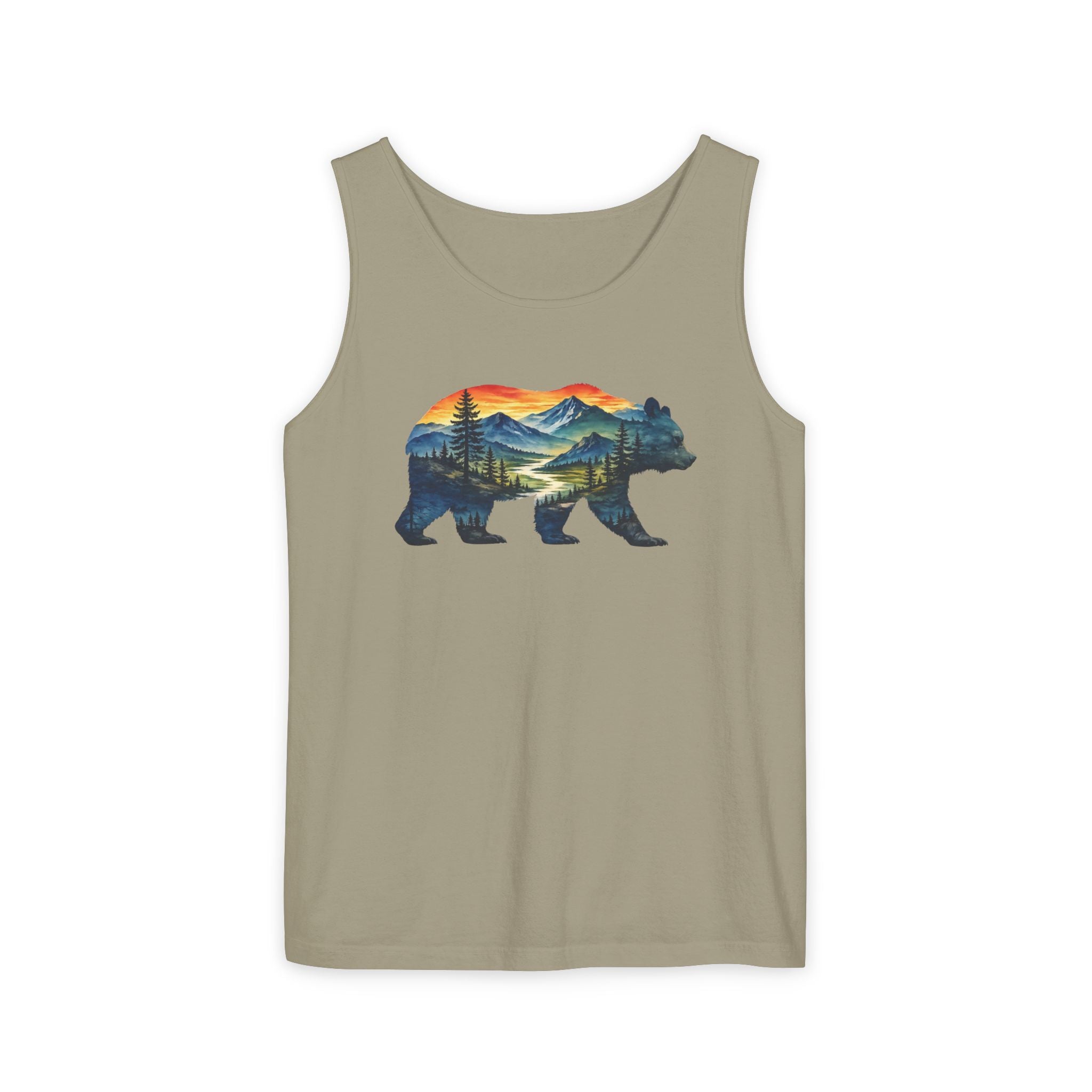 Mountain Bear Sunset Comfort Colors® 9360 Premium Tank Top, Nature Bear Graphic Tank Top, Wildlife Landscape Tank Top, Rustic Outdoor Adventure Tank Top, Forest Bear Tank