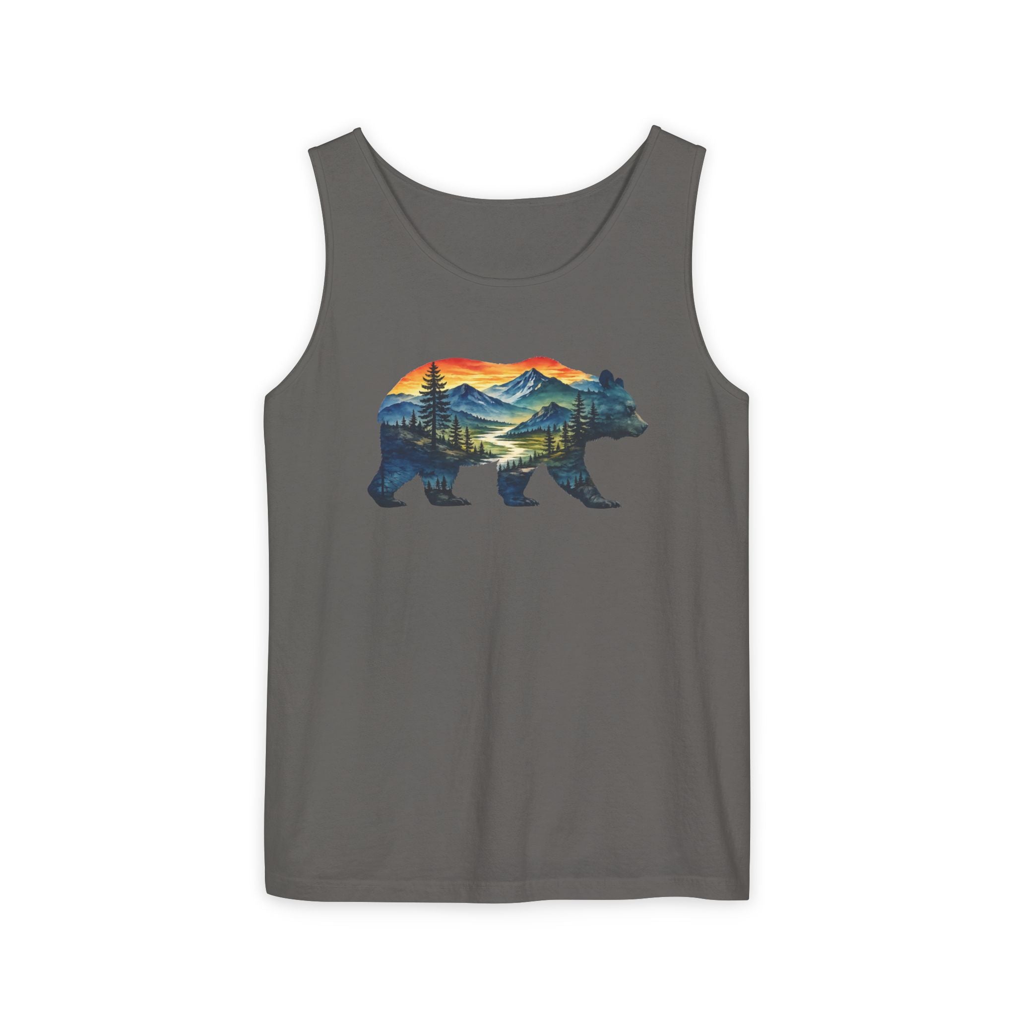 Mountain Bear Sunset Comfort Colors® 9360 Premium Tank Top, Nature Bear Graphic Tank Top, Wildlife Landscape Tank Top, Rustic Outdoor Adventure Tank Top, Forest Bear Tank