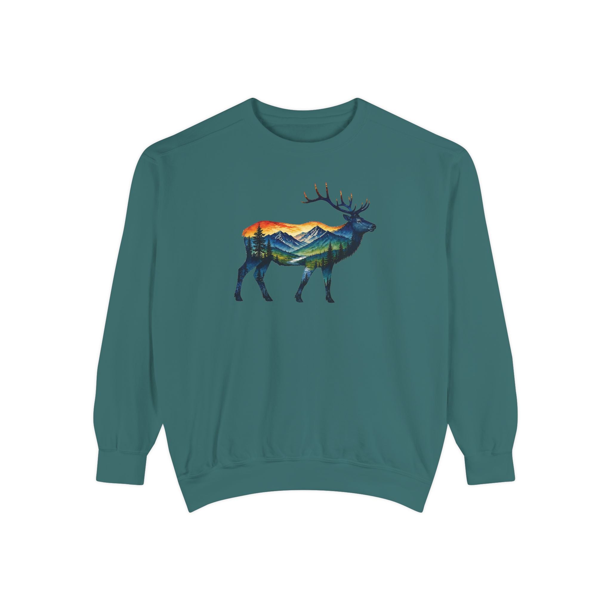 Mountain Elk Sunset Comfort Colors® 1566 Premium Sweatshirt, Nature Elk Graphic Sweatshirt, Wildlife Landscape Sweatshirt, Rustic Outdoor Adventure Sweatshirt, Forest Elk Sweatshirt