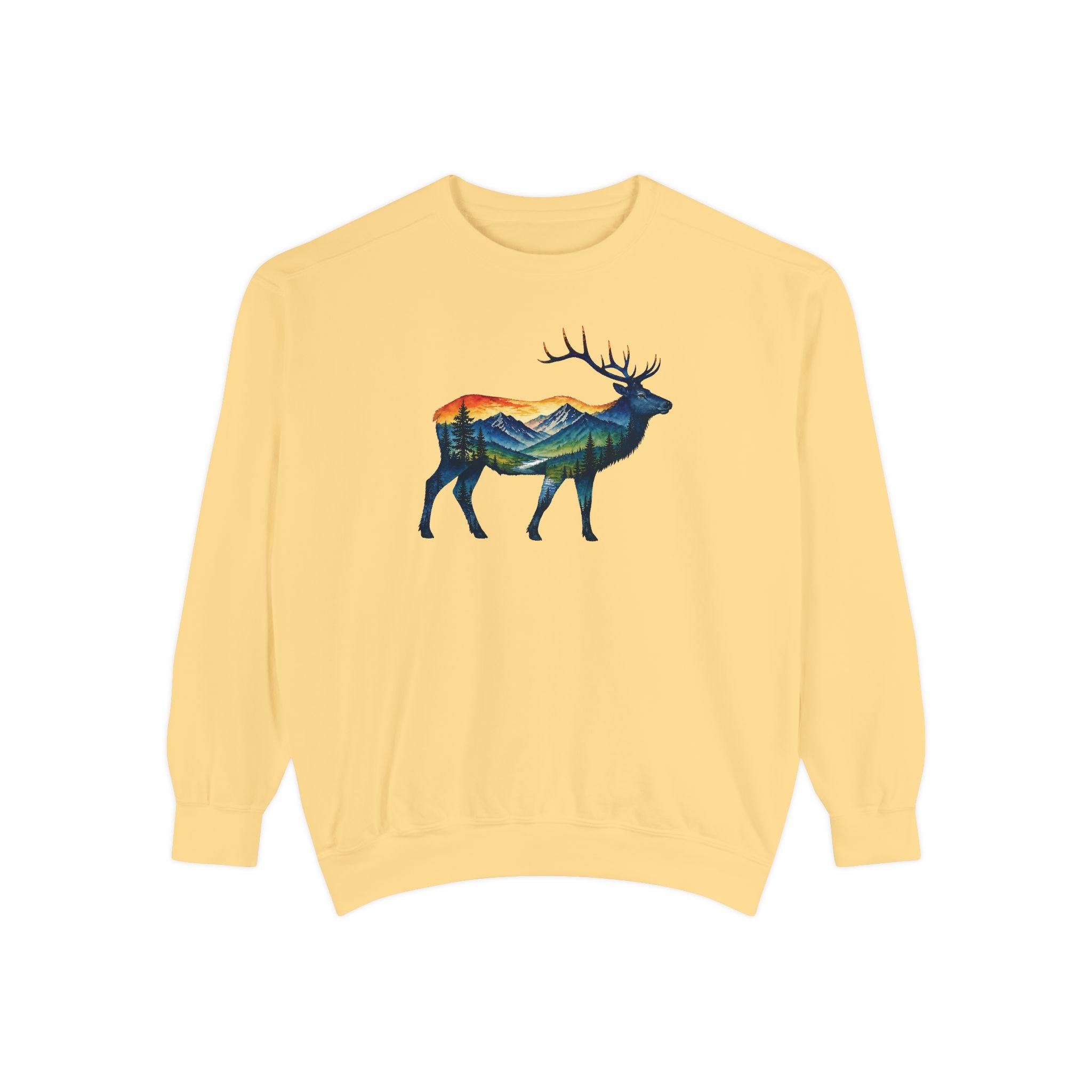 Mountain Elk Sunset Comfort Colors® 1566 Premium Sweatshirt, Nature Elk Graphic Sweatshirt, Wildlife Landscape Sweatshirt, Rustic Outdoor Adventure Sweatshirt, Forest Elk Sweatshirt