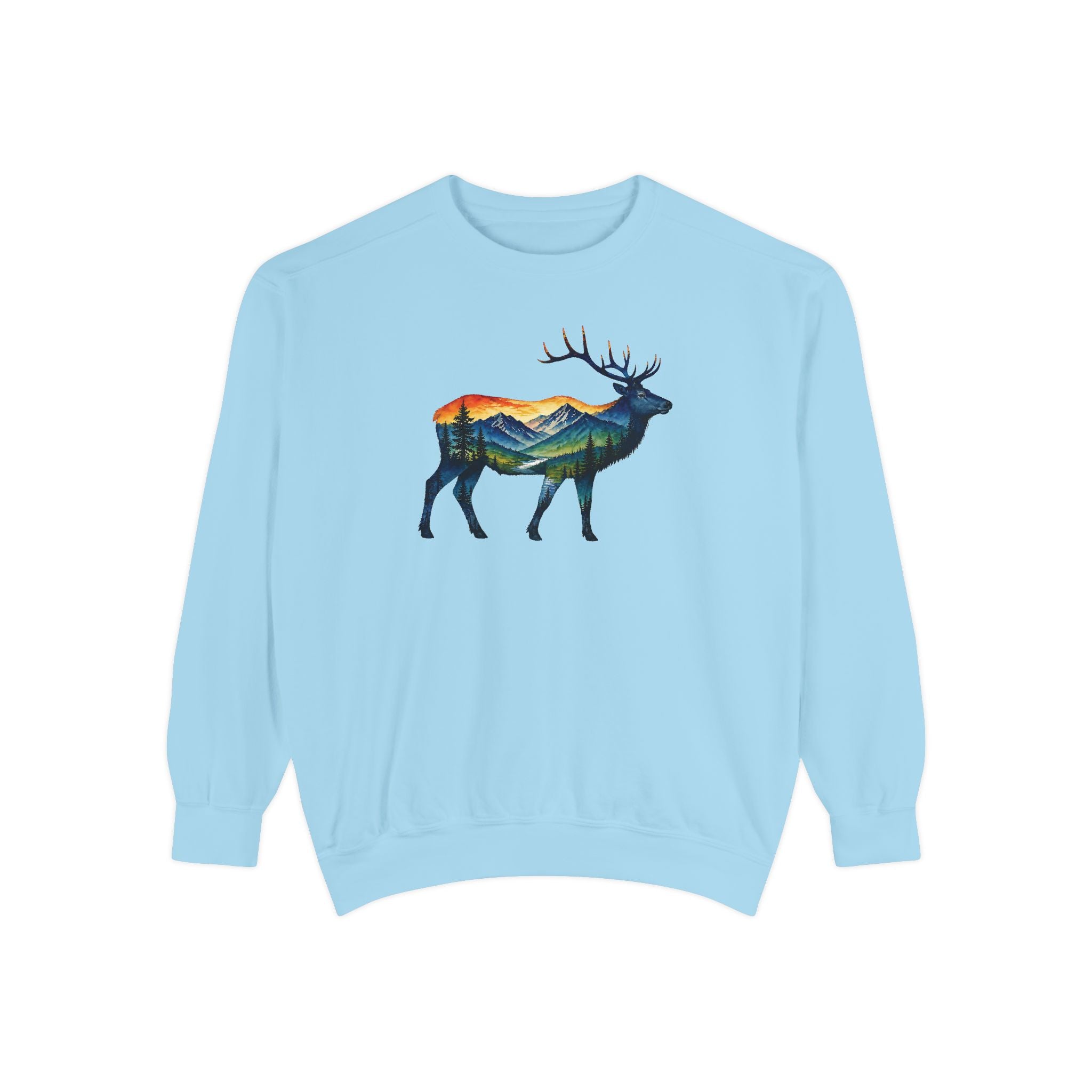 Mountain Elk Sunset Comfort Colors® 1566 Premium Sweatshirt, Nature Elk Graphic Sweatshirt, Wildlife Landscape Sweatshirt, Rustic Outdoor Adventure Sweatshirt, Forest Elk Sweatshirt
