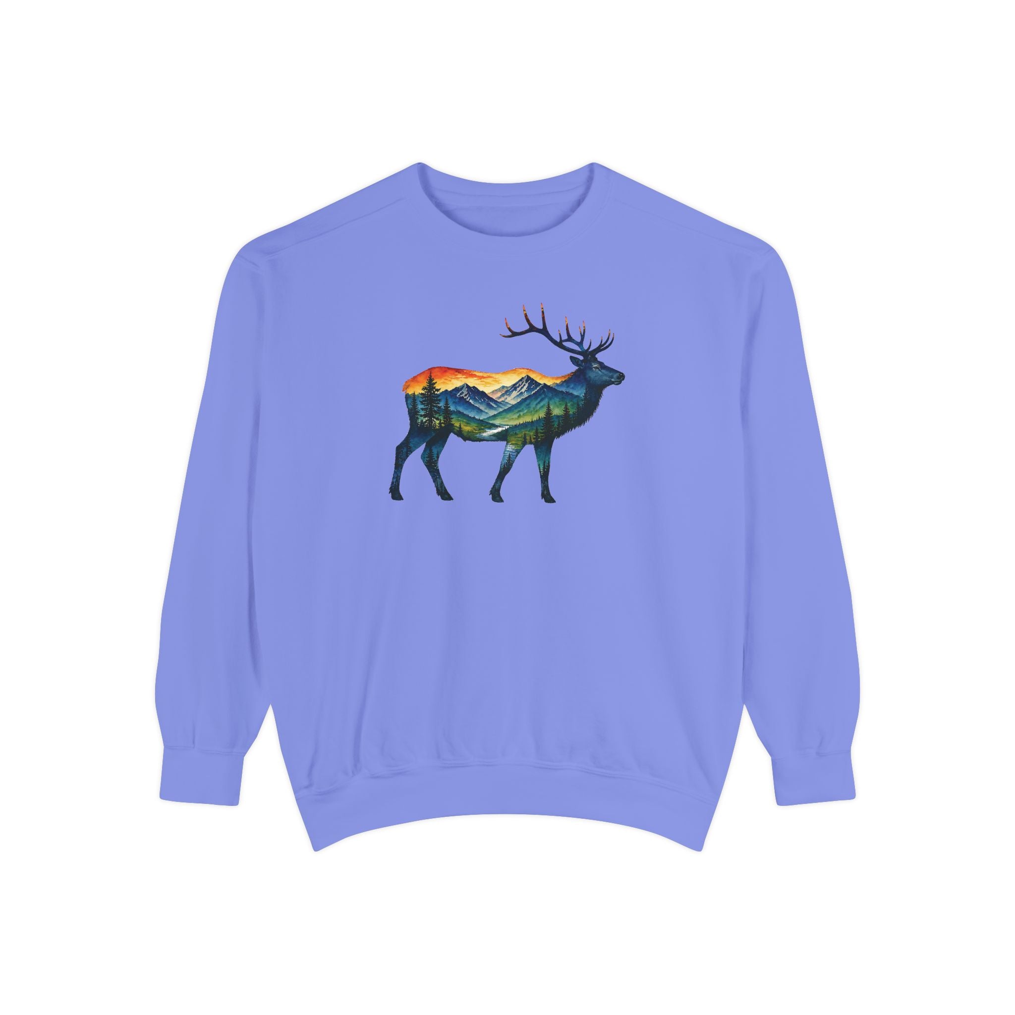 Mountain Elk Sunset Comfort Colors® 1566 Premium Sweatshirt, Nature Elk Graphic Sweatshirt, Wildlife Landscape Sweatshirt, Rustic Outdoor Adventure Sweatshirt, Forest Elk Sweatshirt
