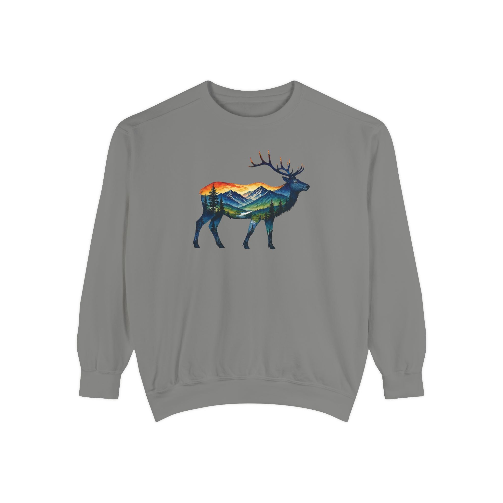 Mountain Elk Sunset Comfort Colors® 1566 Premium Sweatshirt, Nature Elk Graphic Sweatshirt, Wildlife Landscape Sweatshirt, Rustic Outdoor Adventure Sweatshirt, Forest Elk Sweatshirt