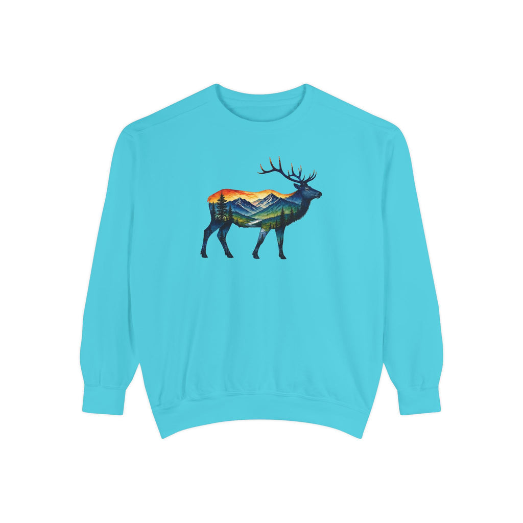 Mountain Elk Sunset Comfort Colors® 1566 Premium Sweatshirt, Nature Elk Graphic Sweatshirt, Wildlife Landscape Sweatshirt, Rustic Outdoor Adventure Sweatshirt, Forest Elk Sweatshirt