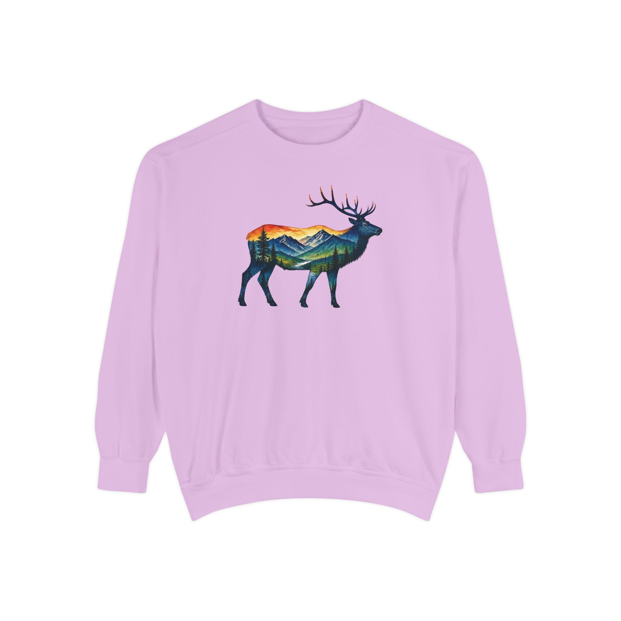 Mountain Elk Sunset Comfort Colors® 1566 Premium Sweatshirt, Nature Elk Graphic Sweatshirt, Wildlife Landscape Sweatshirt, Rustic Outdoor Adventure Sweatshirt, Forest Elk Sweatshirt