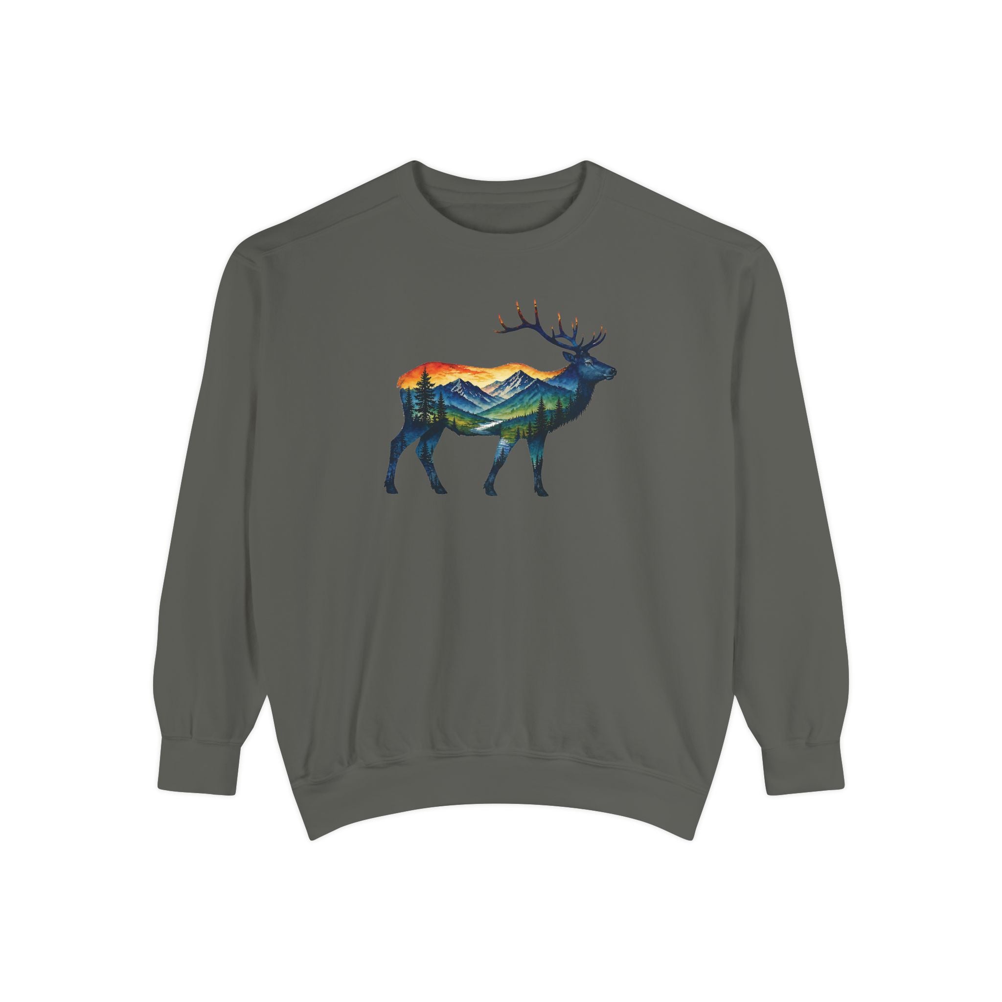 Mountain Elk Sunset Comfort Colors® 1566 Premium Sweatshirt, Nature Elk Graphic Sweatshirt, Wildlife Landscape Sweatshirt, Rustic Outdoor Adventure Sweatshirt, Forest Elk Sweatshirt
