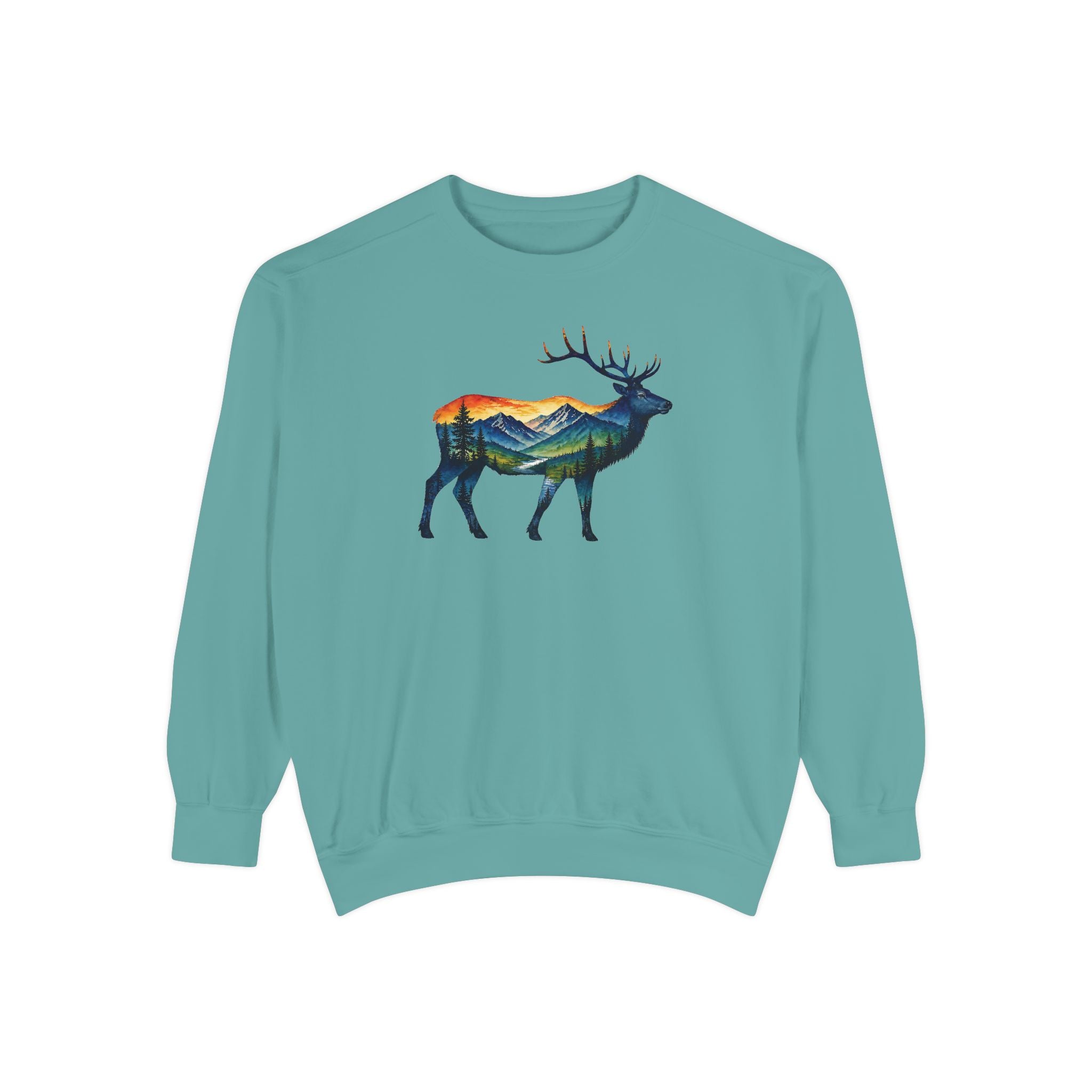 Mountain Elk Sunset Comfort Colors® 1566 Premium Sweatshirt, Nature Elk Graphic Sweatshirt, Wildlife Landscape Sweatshirt, Rustic Outdoor Adventure Sweatshirt, Forest Elk Sweatshirt