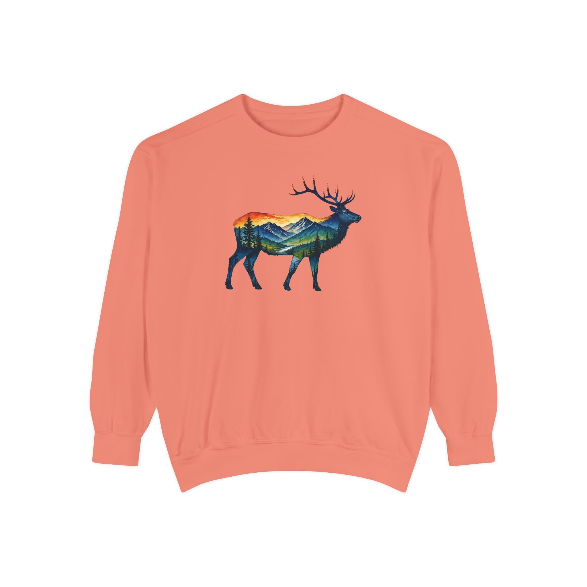Mountain Elk Sunset Comfort Colors® 1566 Premium Sweatshirt, Nature Elk Graphic Sweatshirt, Wildlife Landscape Sweatshirt, Rustic Outdoor Adventure Sweatshirt, Forest Elk Sweatshirt