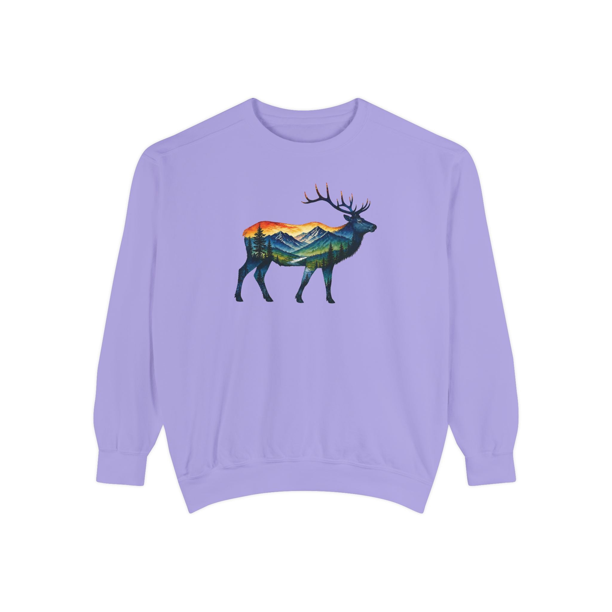 Mountain Elk Sunset Comfort Colors® 1566 Premium Sweatshirt, Nature Elk Graphic Sweatshirt, Wildlife Landscape Sweatshirt, Rustic Outdoor Adventure Sweatshirt, Forest Elk Sweatshirt
