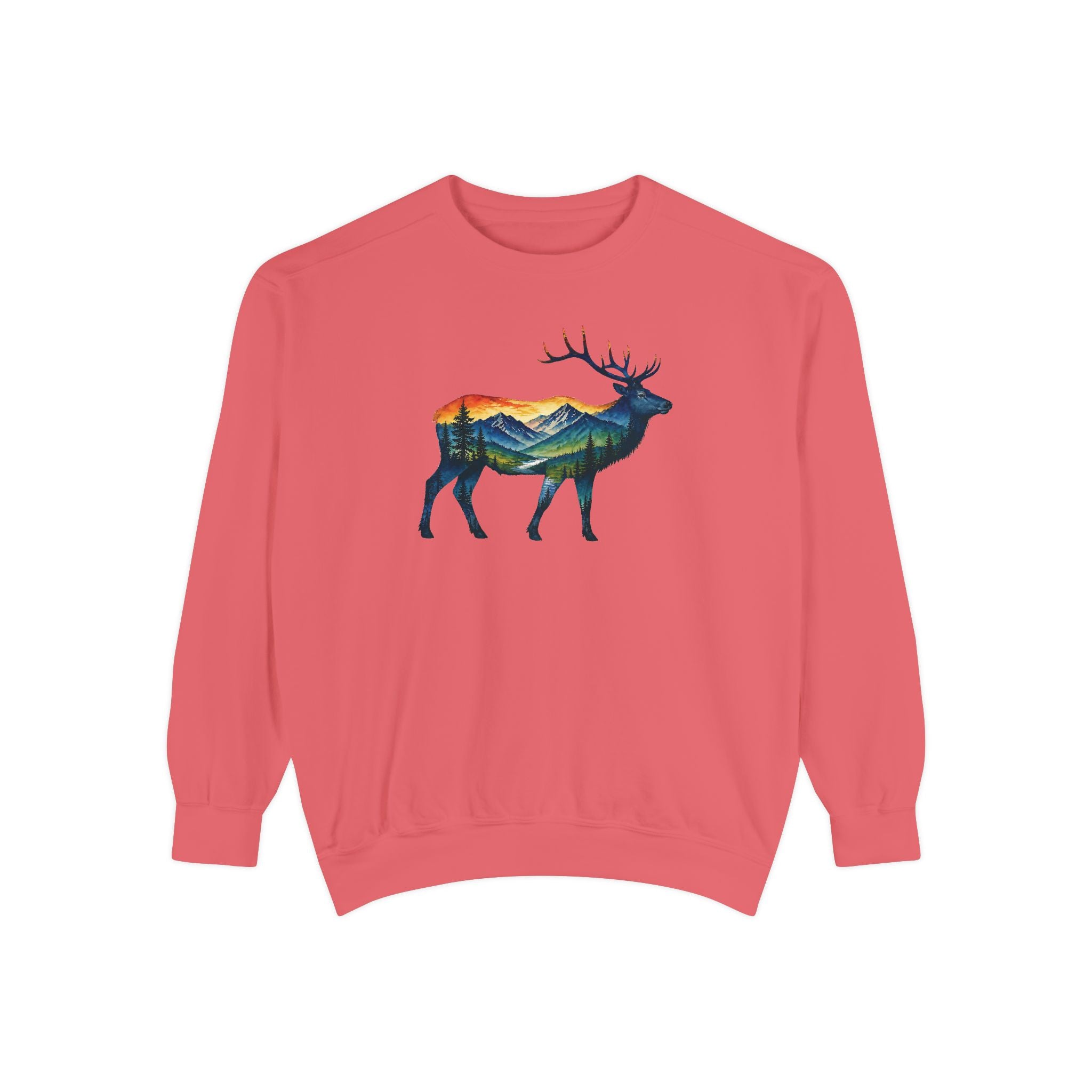 Mountain Elk Sunset Comfort Colors® 1566 Premium Sweatshirt, Nature Elk Graphic Sweatshirt, Wildlife Landscape Sweatshirt, Rustic Outdoor Adventure Sweatshirt, Forest Elk Sweatshirt